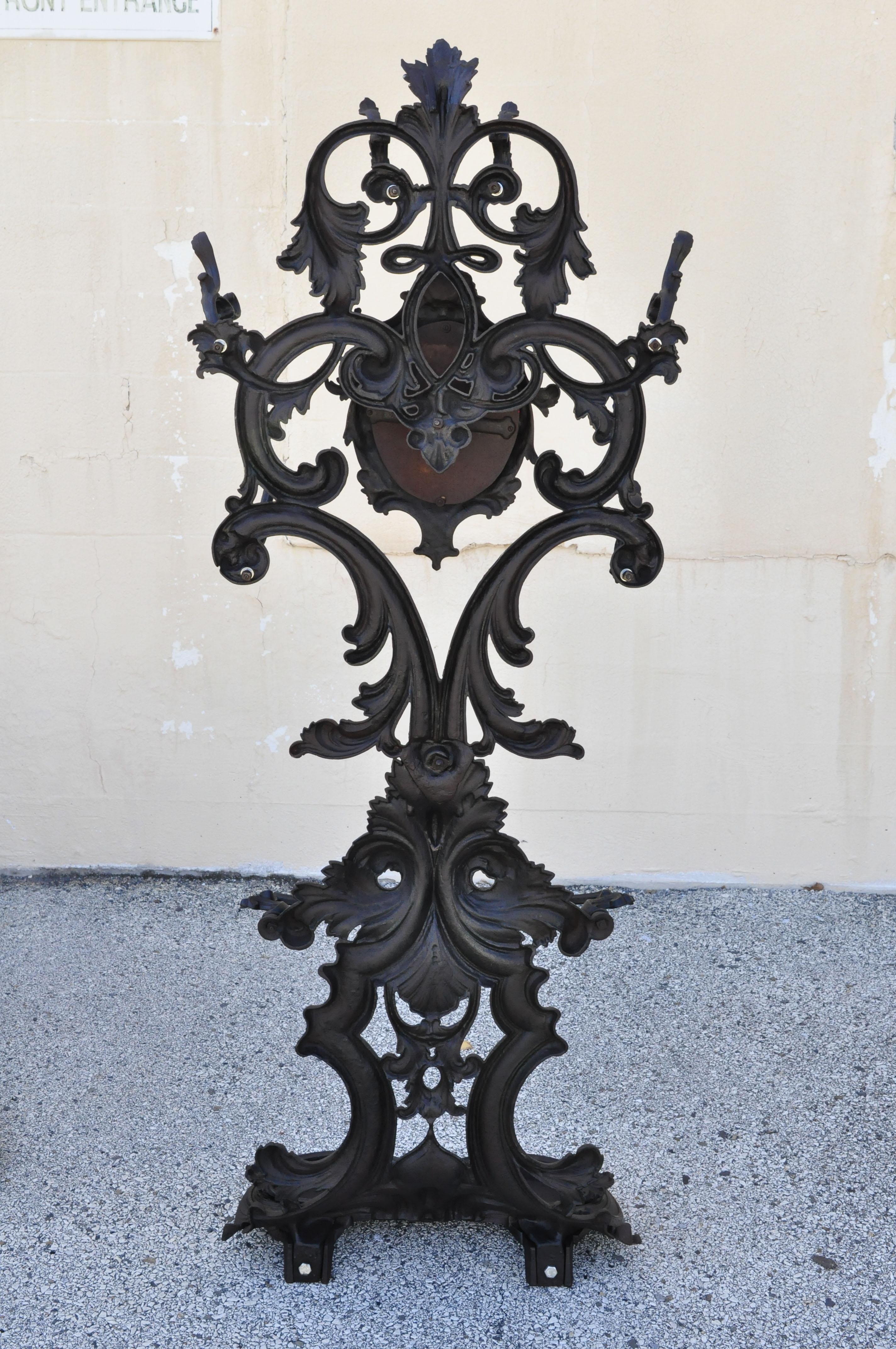 French Rococo Victorian Cast Iron Black Hall Tree Coat Rack Mirror Tall Stand 1