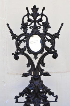 French Rococo Victorian Cast Iron Black Hall Tree Coat Rack Mirror Tall Stand
