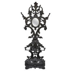 French Rococo Victorian Cast Iron Black Hall Tree Coat Rack Mirror Tall Stand