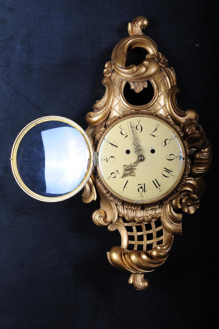 Hand-Carved French Rococo Wall Clock 19th Century, Gold For Sale