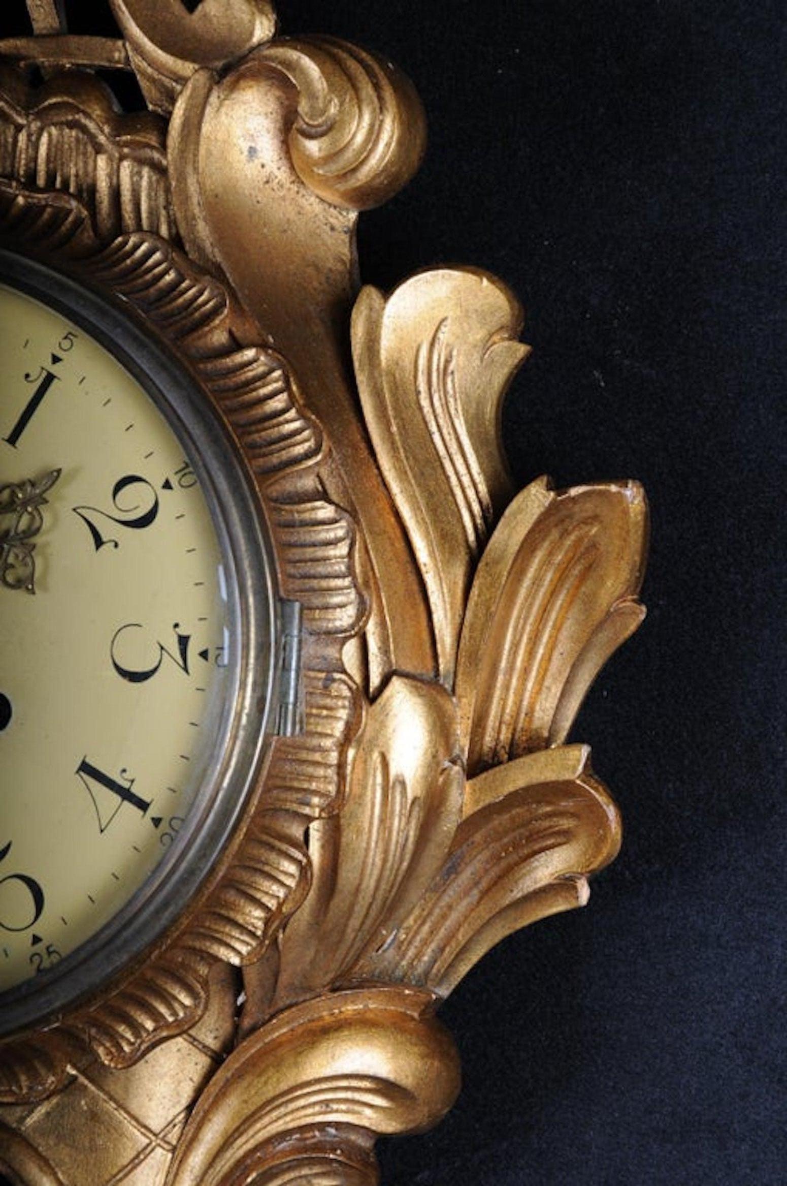 Hand-Carved French Rococo Wall Clock 19th Century, Gold For Sale