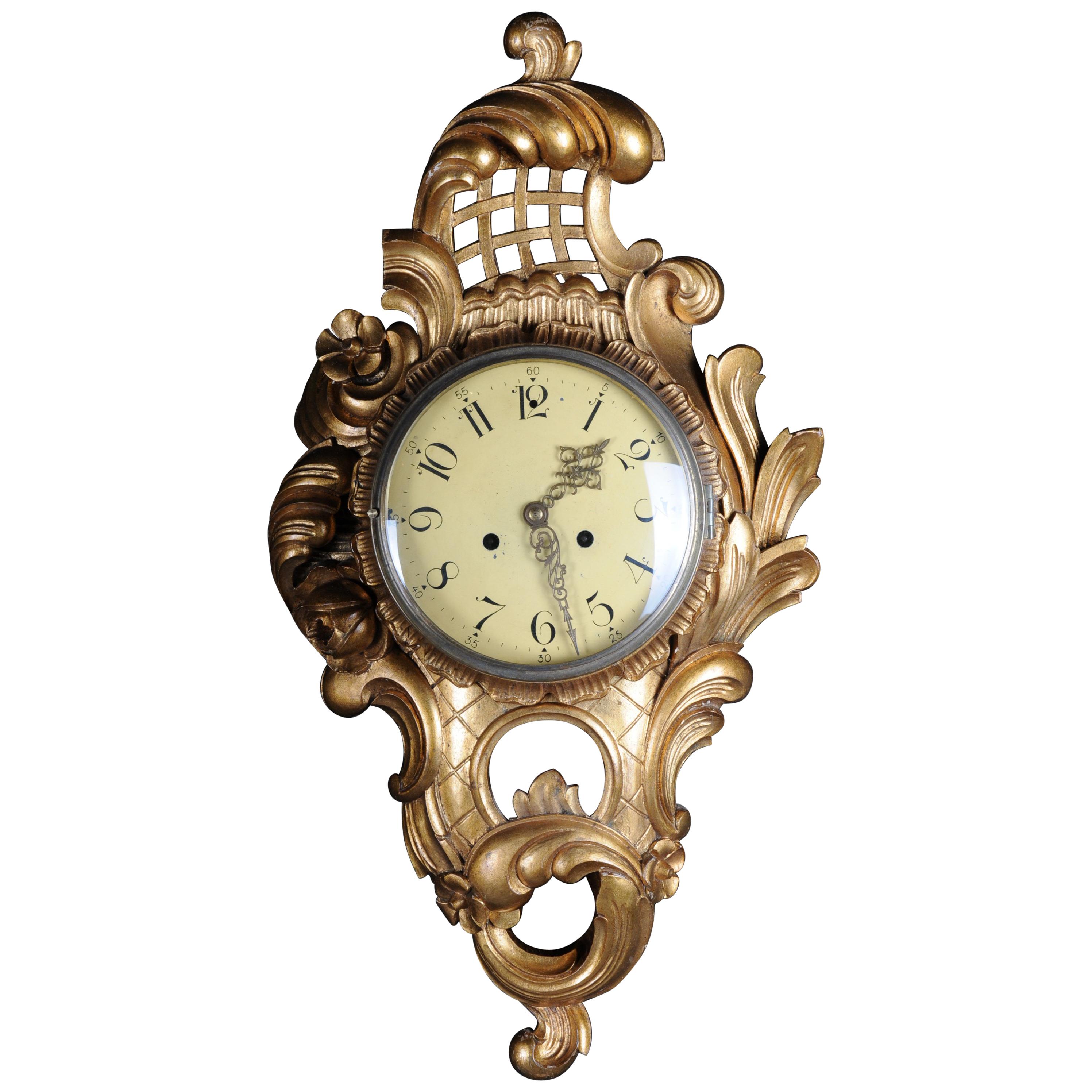 French Rococo Wall Clock 19th Century, Gold For Sale