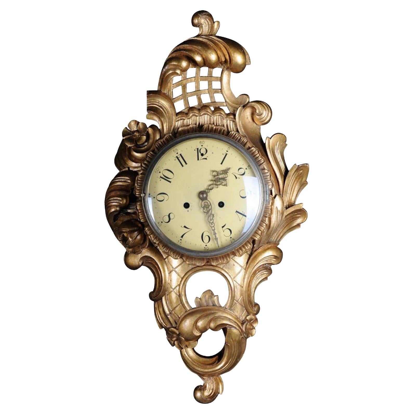 French Rococo Wall Clock 19th Century, Gold