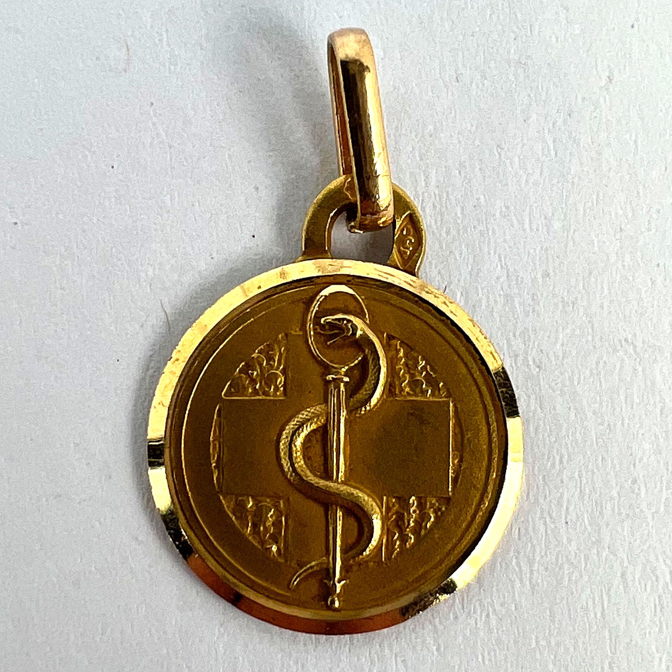 French Rod of Asclepius Blood Type Medical 18K Yellow Gold Perroud Charm Pendant 7