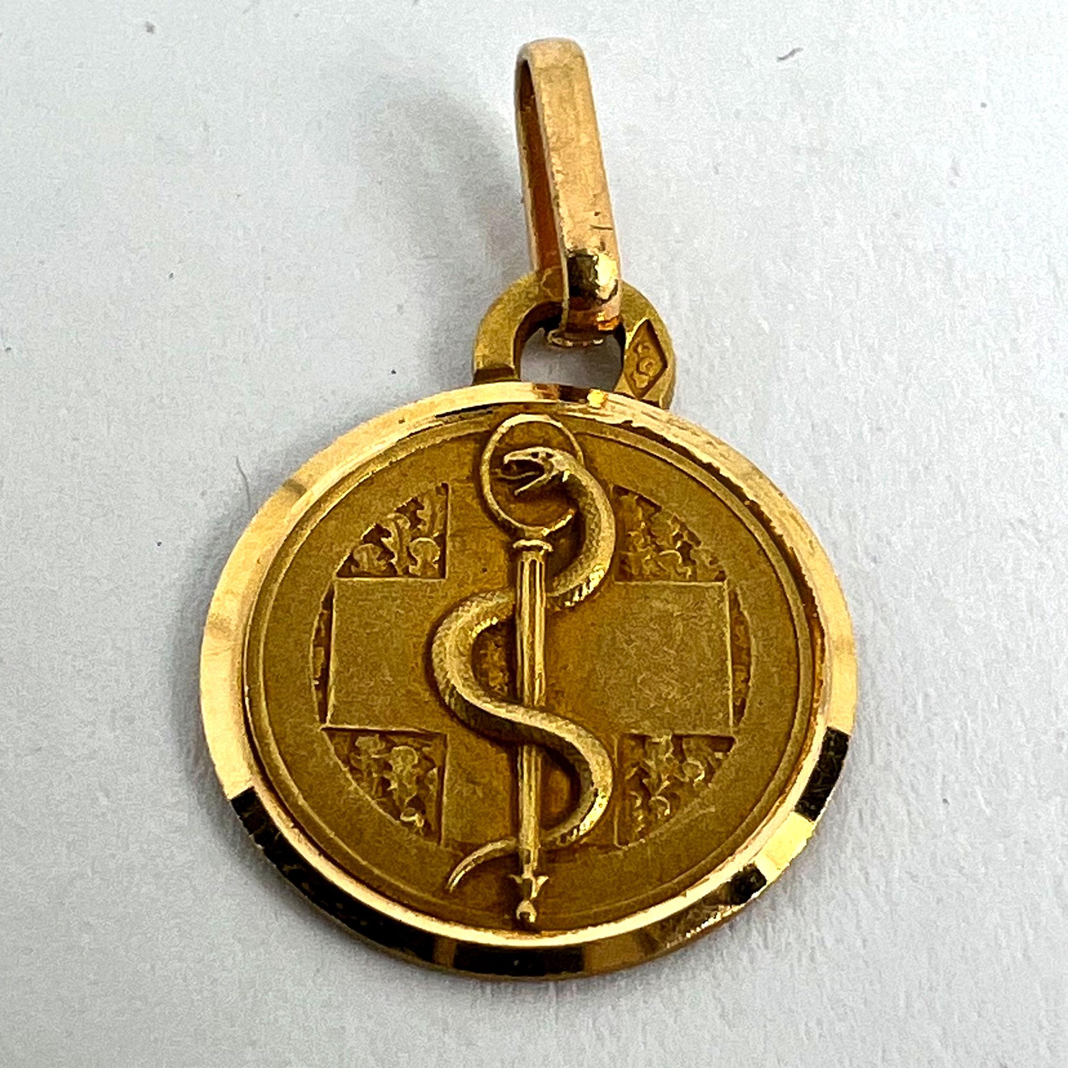 French Rod of Asclepius Blood Type Medical 18K Yellow Gold Perroud Charm Pendant 8