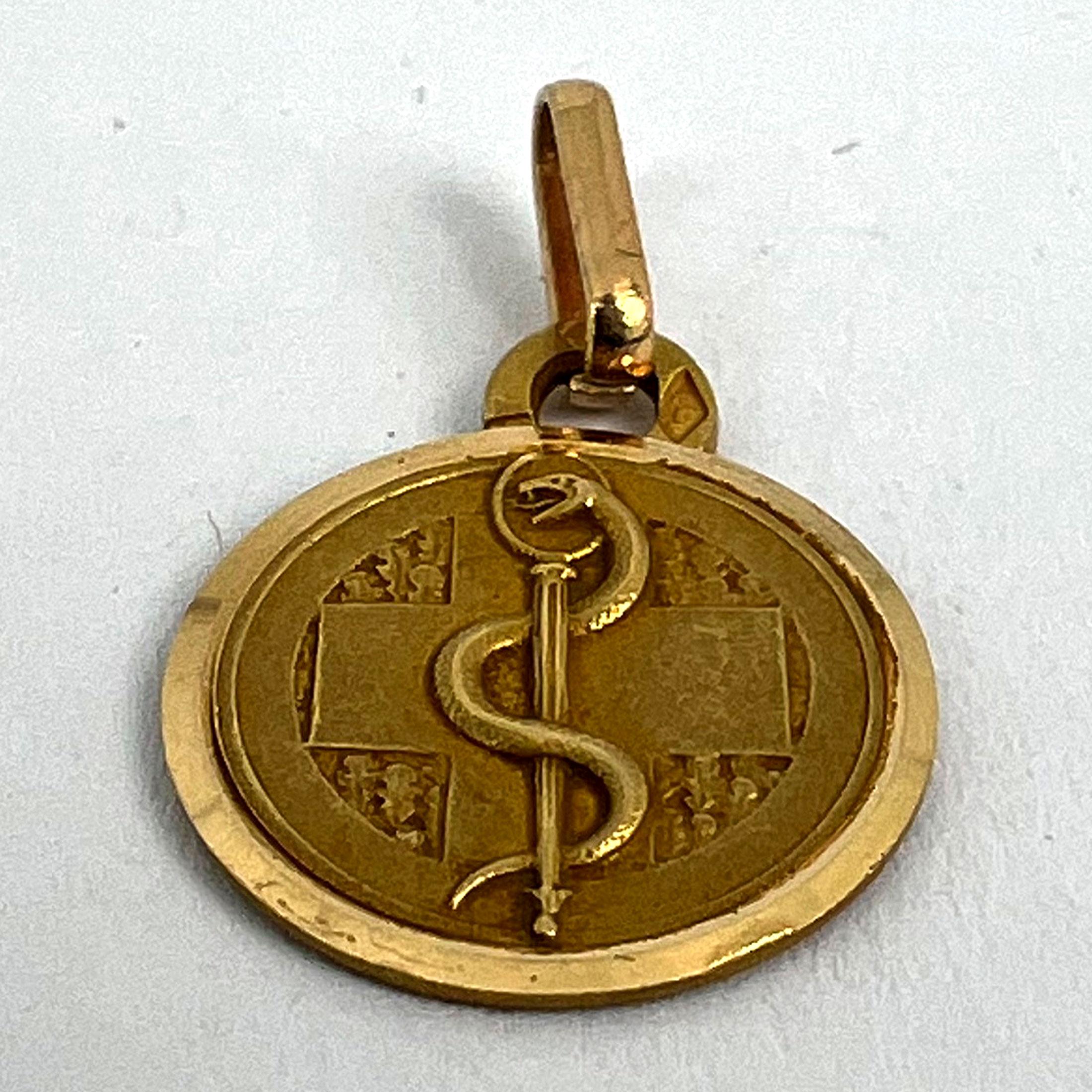 French Rod of Asclepius Blood Type Medical 18K Yellow Gold Perroud Charm Pendant 9