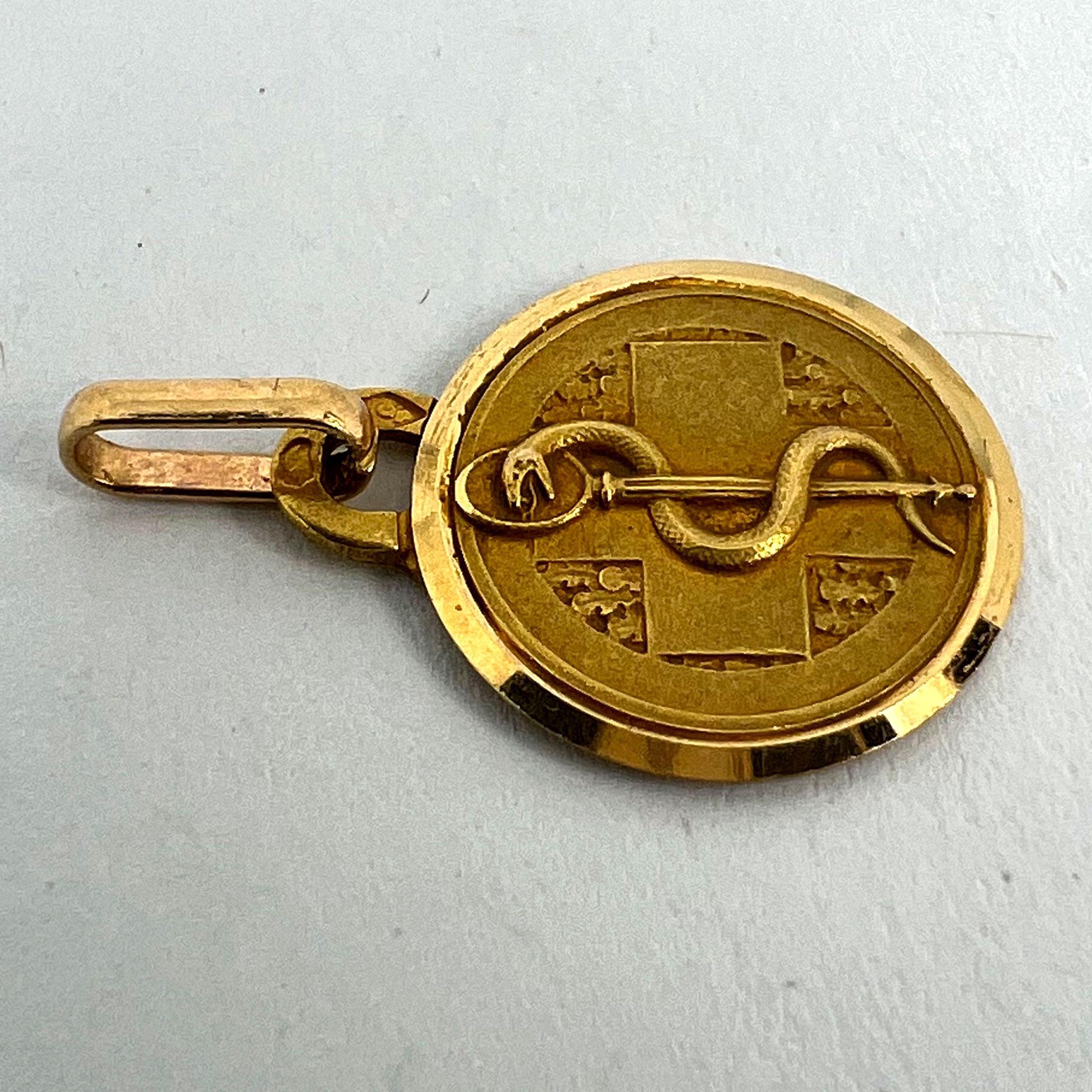 French Rod of Asclepius Blood Type Medical 18K Yellow Gold Perroud Charm Pendant 10