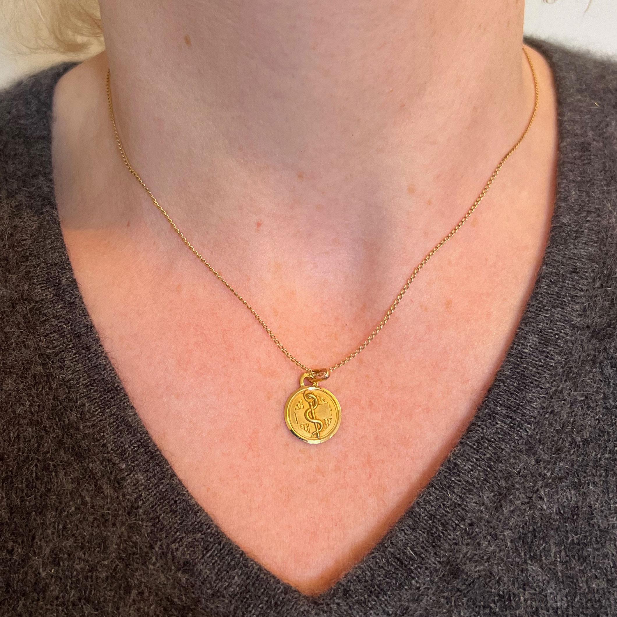 Women's or Men's French Rod of Asclepius Blood Type Medical 18K Yellow Gold Perroud Charm Pendant