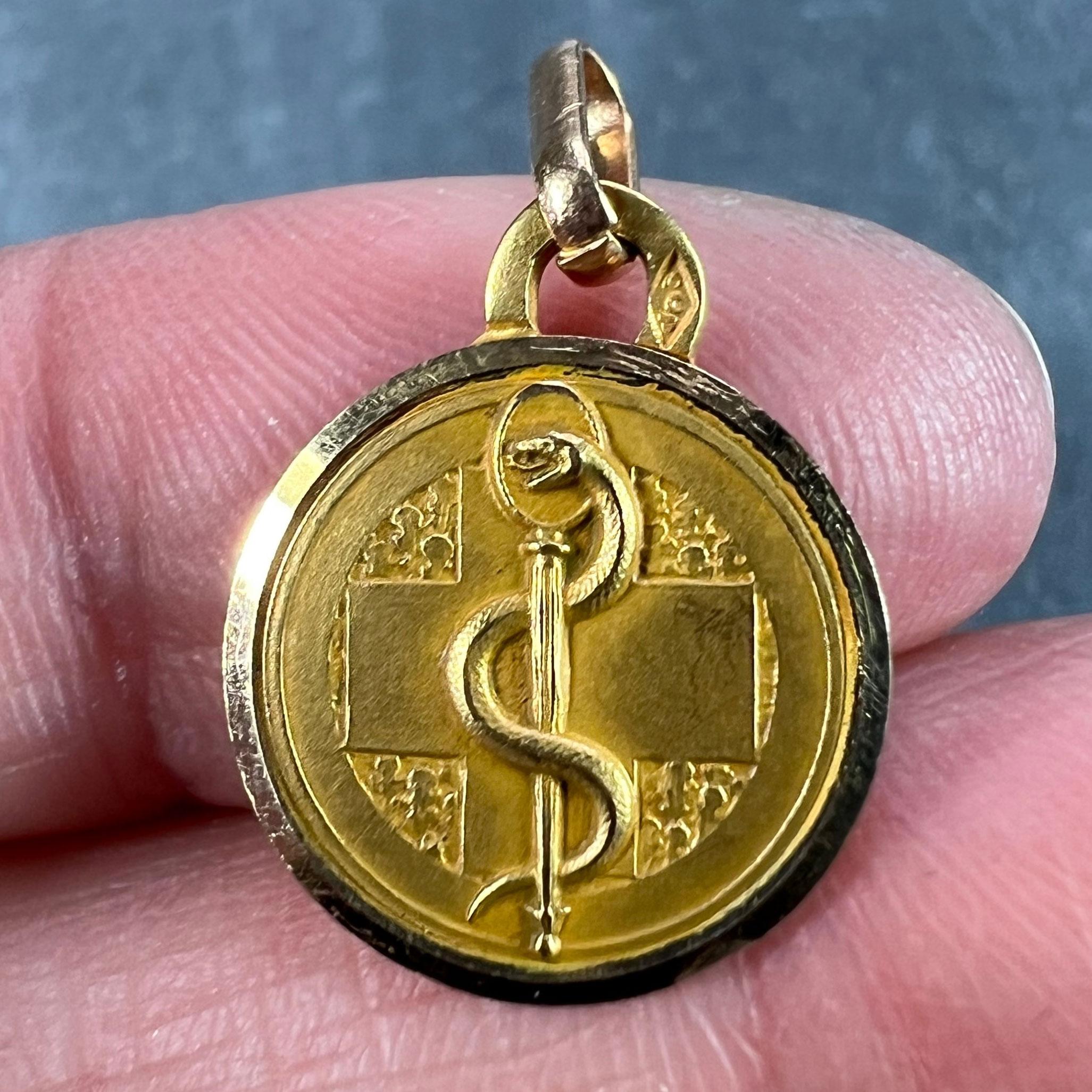 French Rod of Asclepius Blood Type Medical 18K Yellow Gold Perroud Charm Pendant 1
