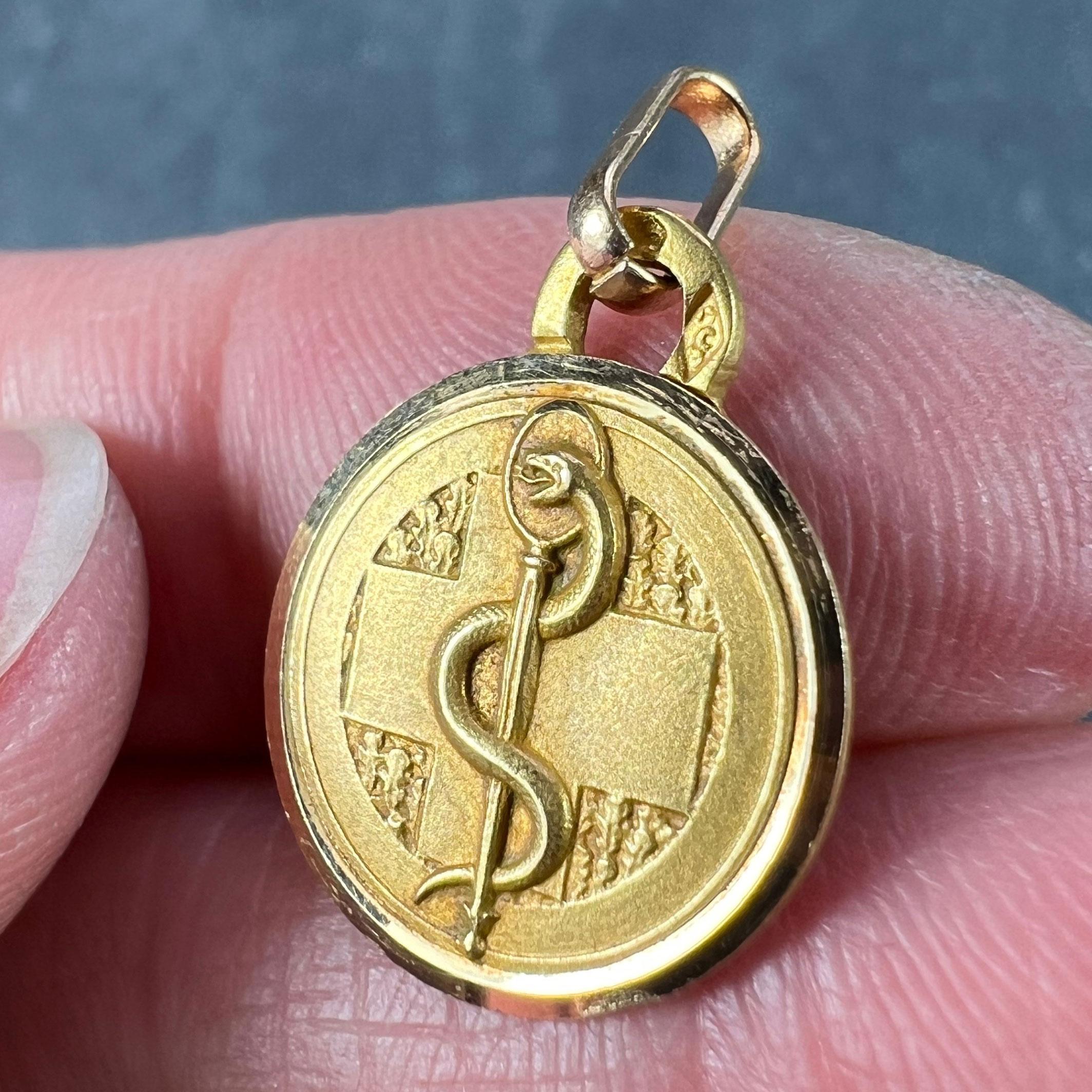 French Rod of Asclepius Blood Type Medical 18K Yellow Gold Perroud Charm Pendant 2