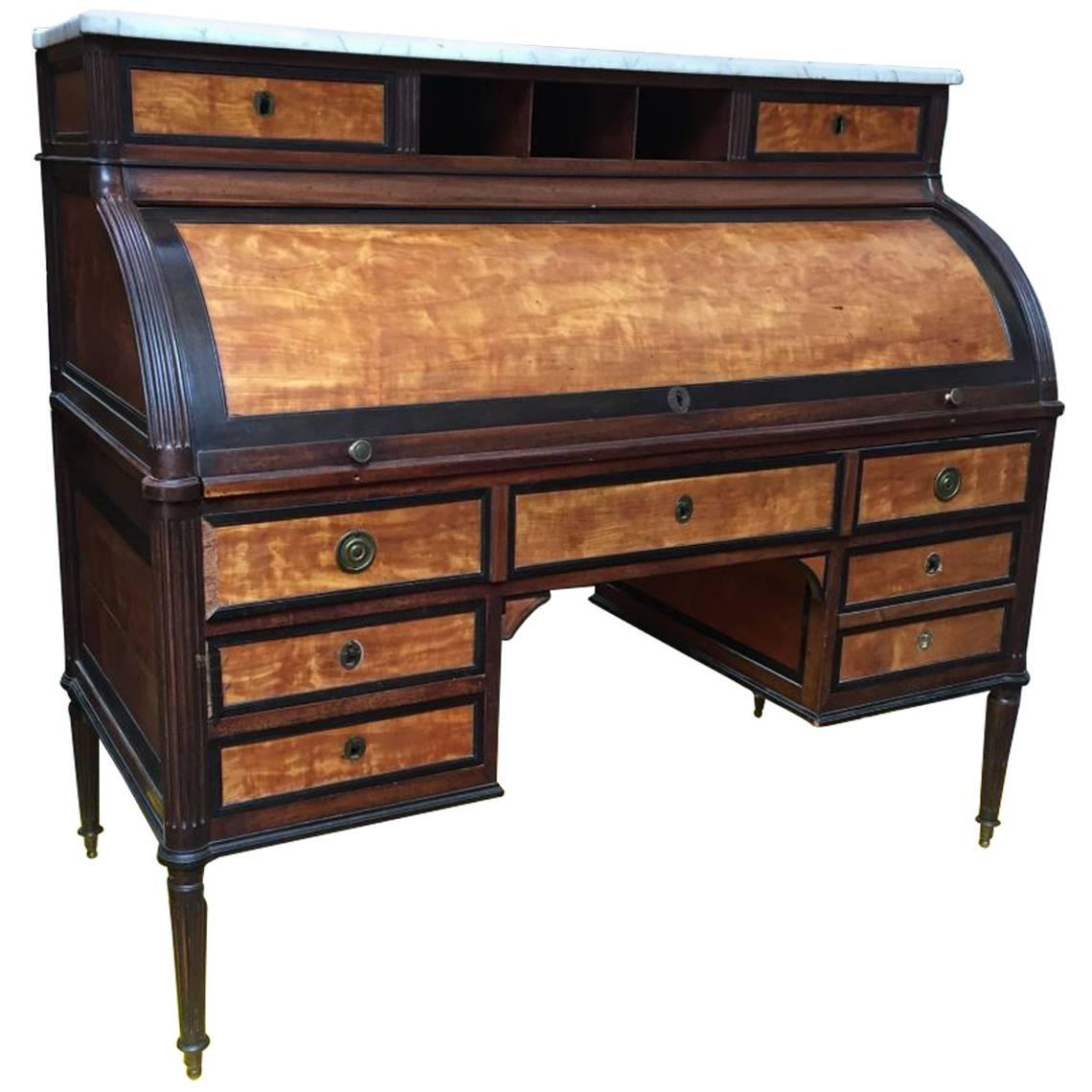 French Roll Top Desk in Wood and Marble from 19th Century