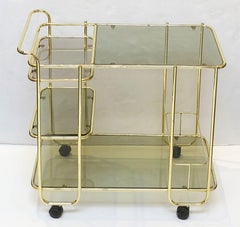 French Rolling Drinks Cart of Brass with Tinted Glass
