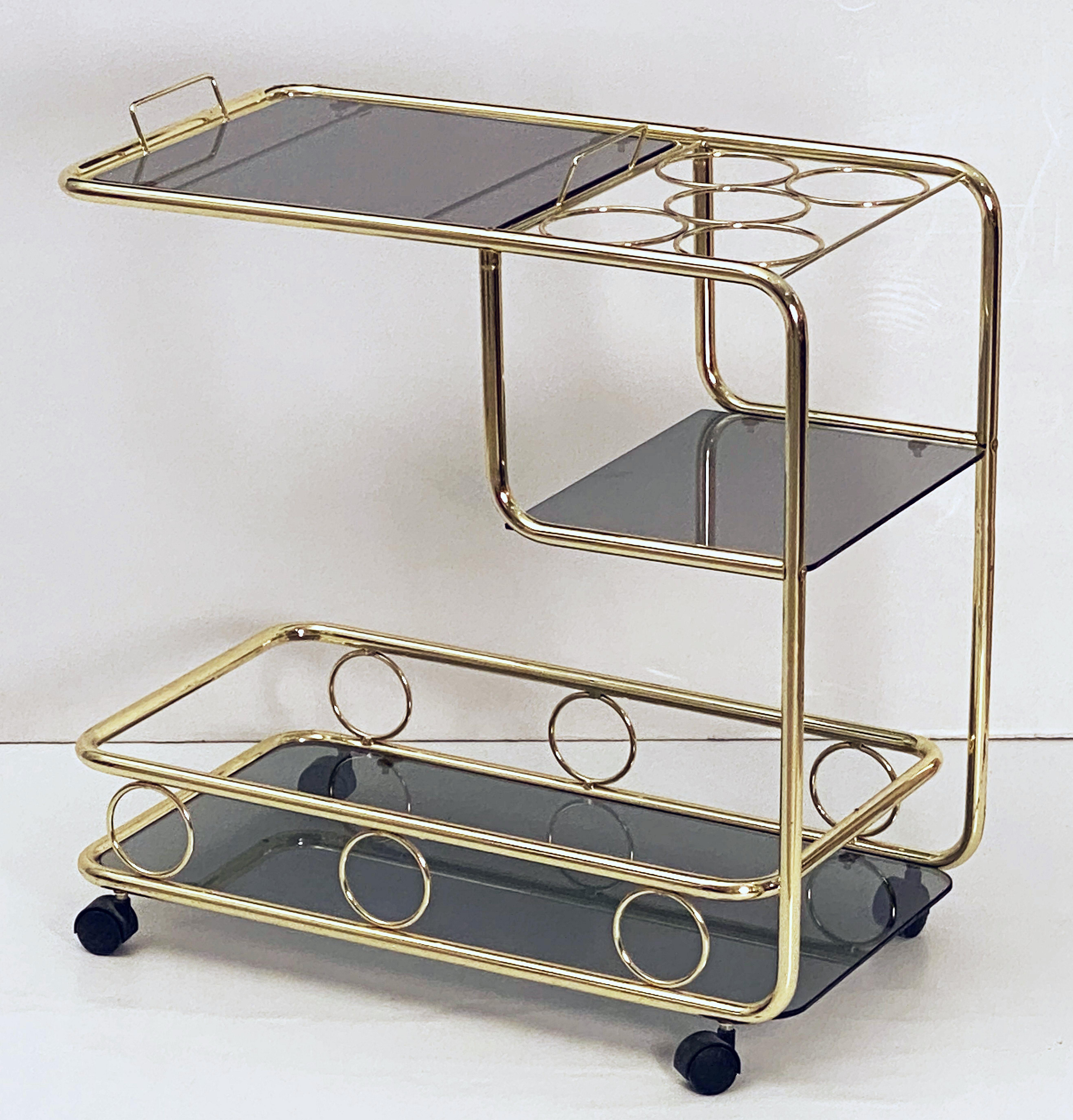 French Rolling Drinks Cart of Brass with Tinted Glass In Good Condition For Sale In Austin, TX