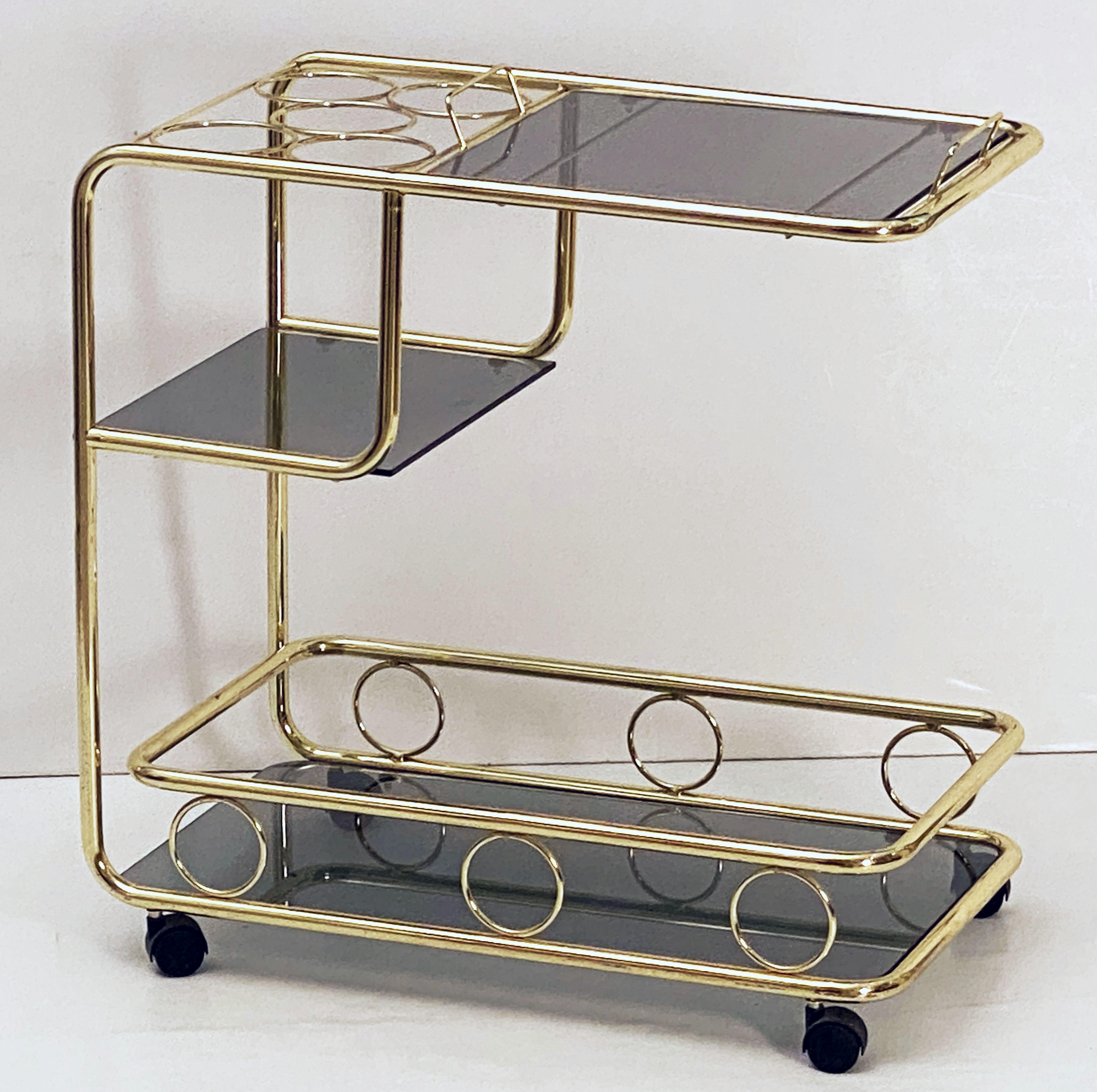 20th Century French Rolling Drinks Cart of Brass with Tinted Glass For Sale