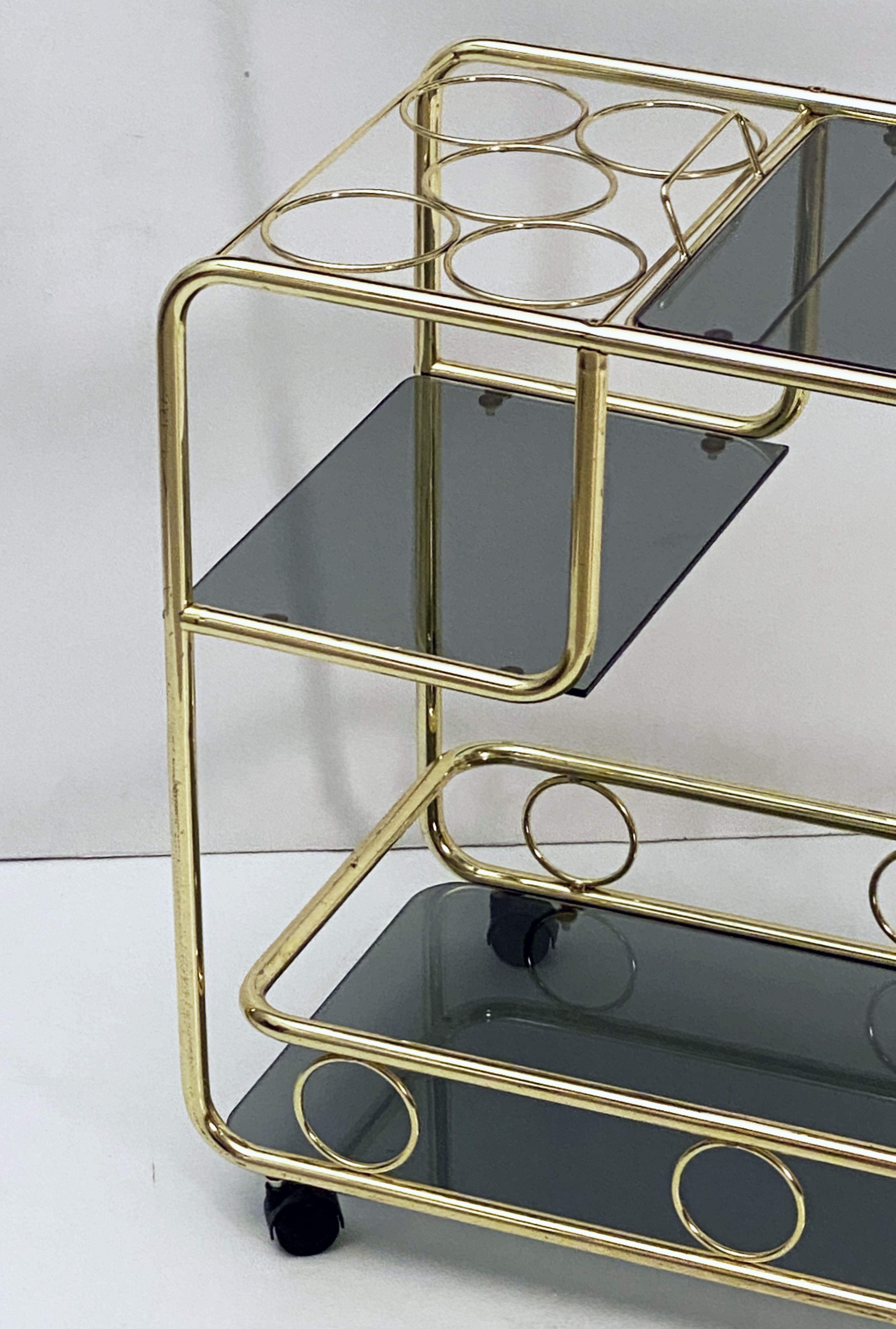 Metal French Rolling Drinks Cart of Brass with Tinted Glass For Sale