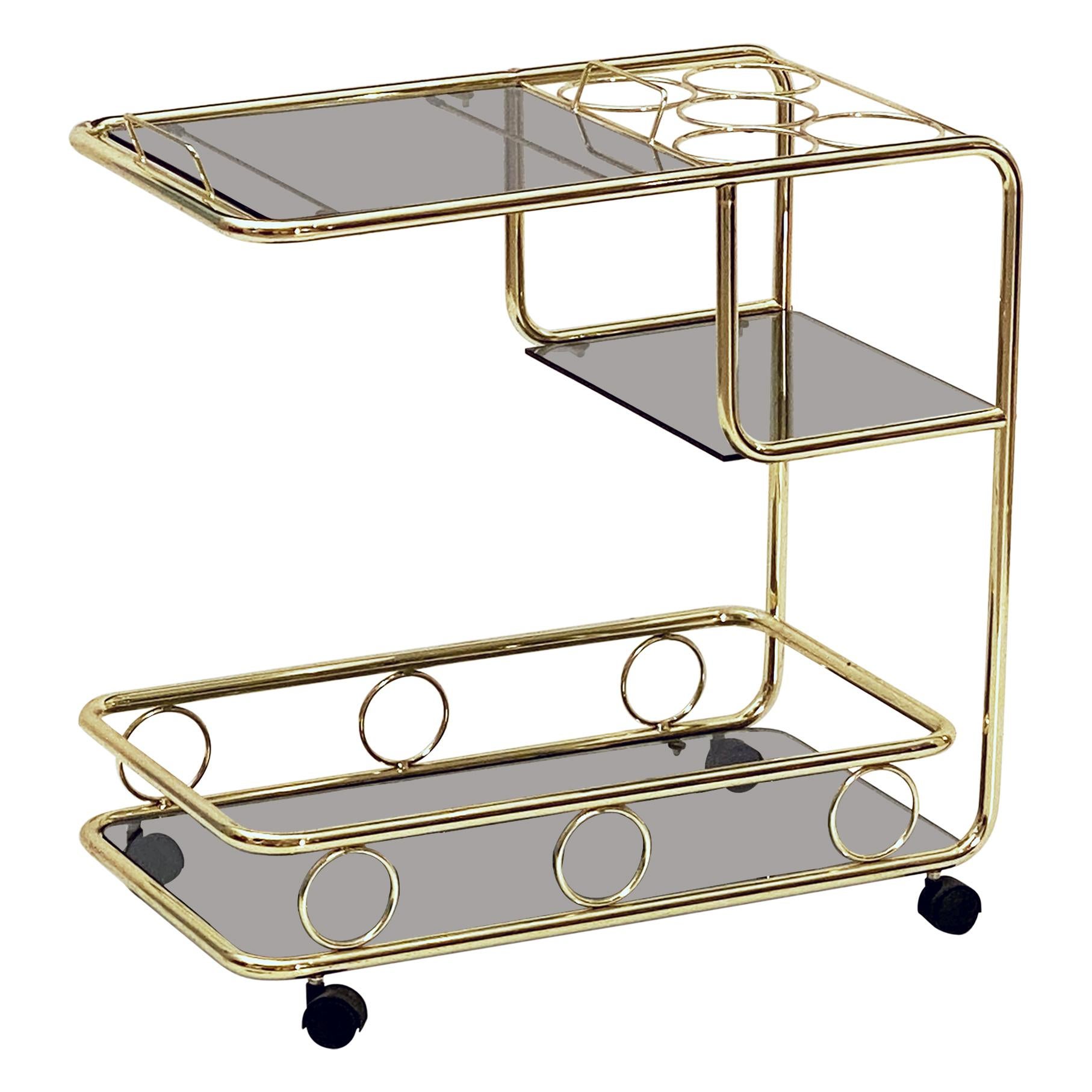 French Rolling Drinks Cart of Brass with Tinted Glass For Sale