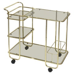 French Rolling Drinks Cart of Brass with Tinted Glass