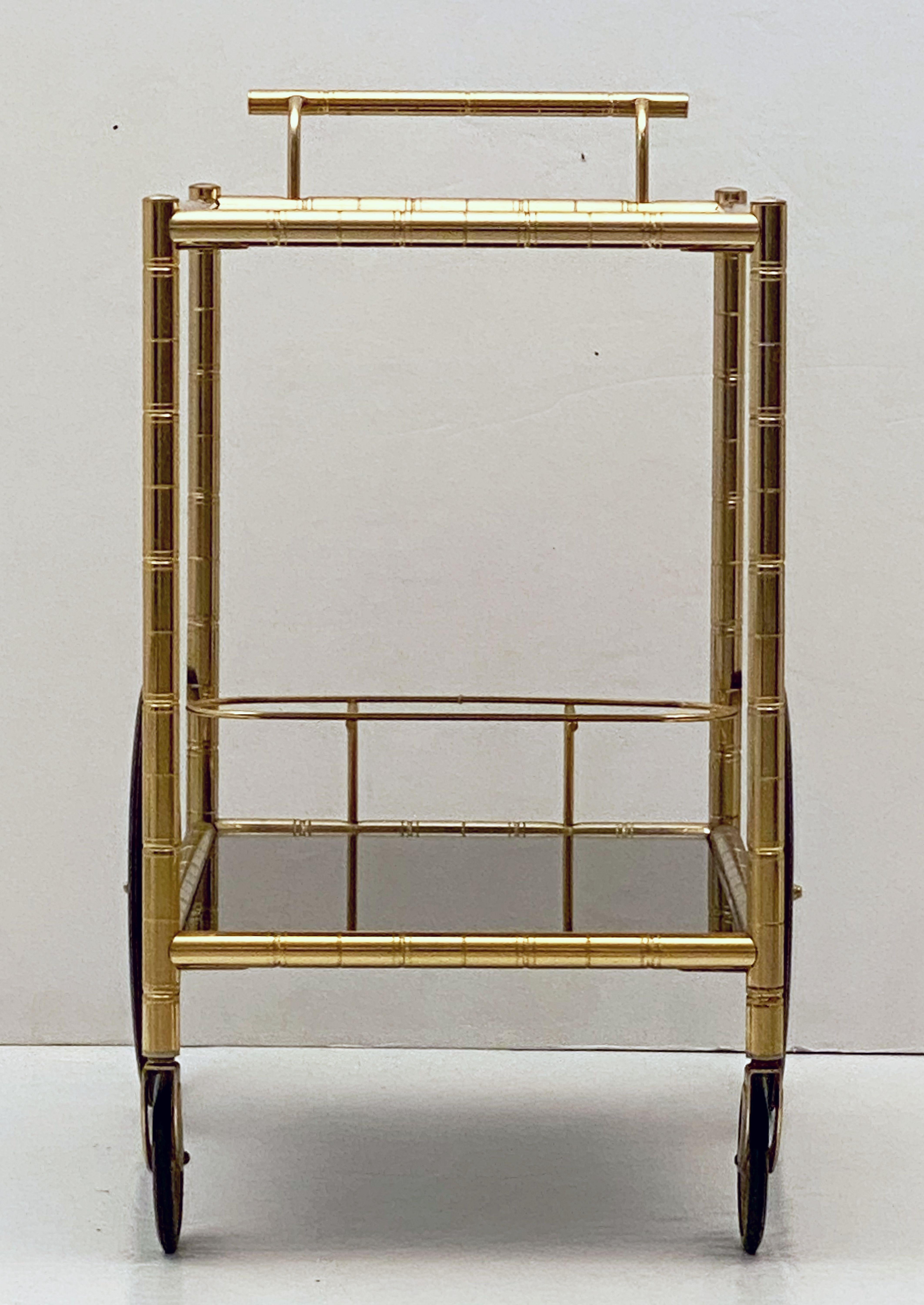 French Rolling Drinks Cart or Trolley of Brass and Smoked Glass 3