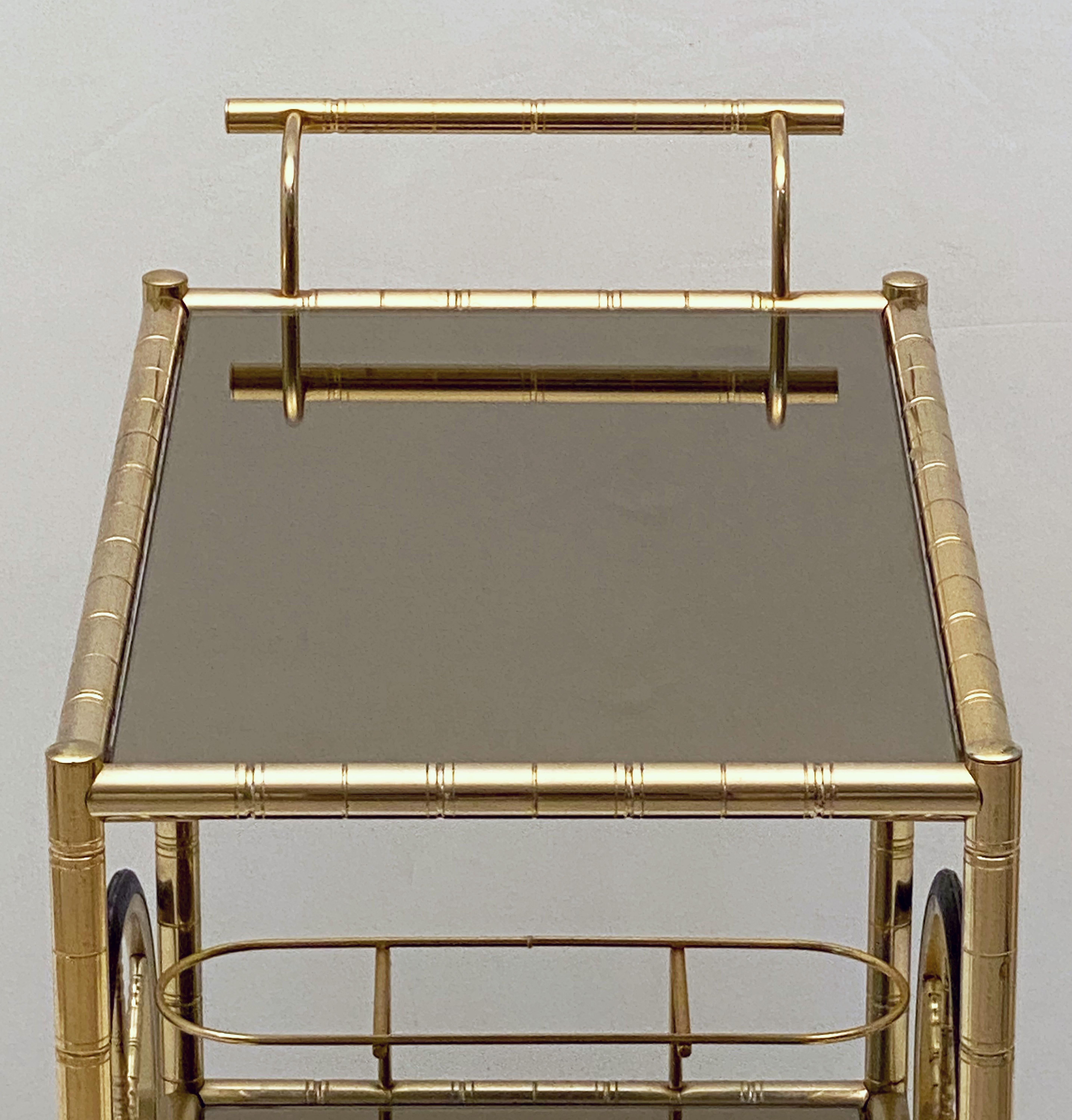 French Rolling Drinks Cart or Trolley of Brass and Smoked Glass 4