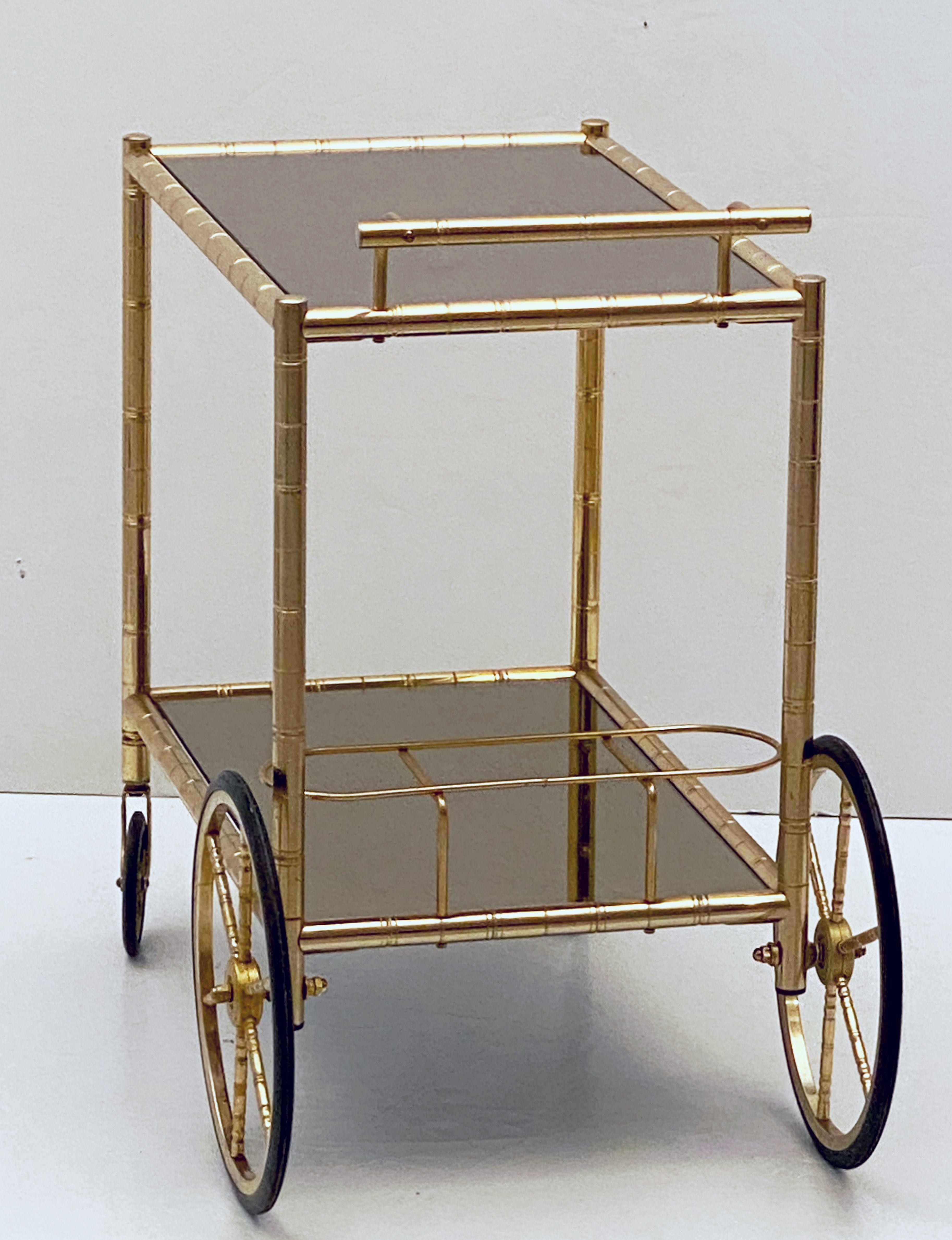 French Rolling Drinks Cart or Trolley of Brass and Smoked Glass 8
