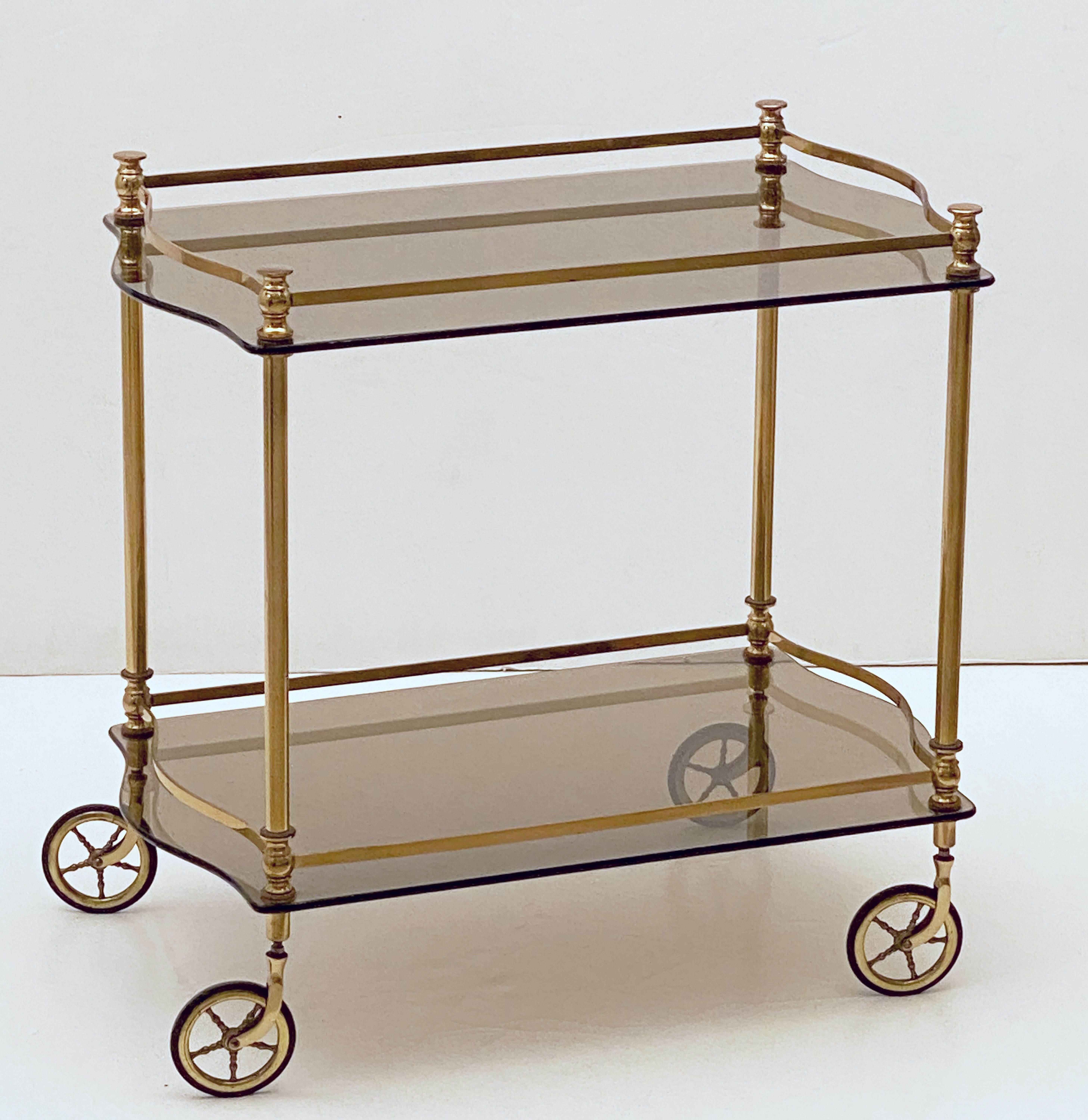 French Rolling Drinks Cart or Trolley of Brass and Smoked Glass 10