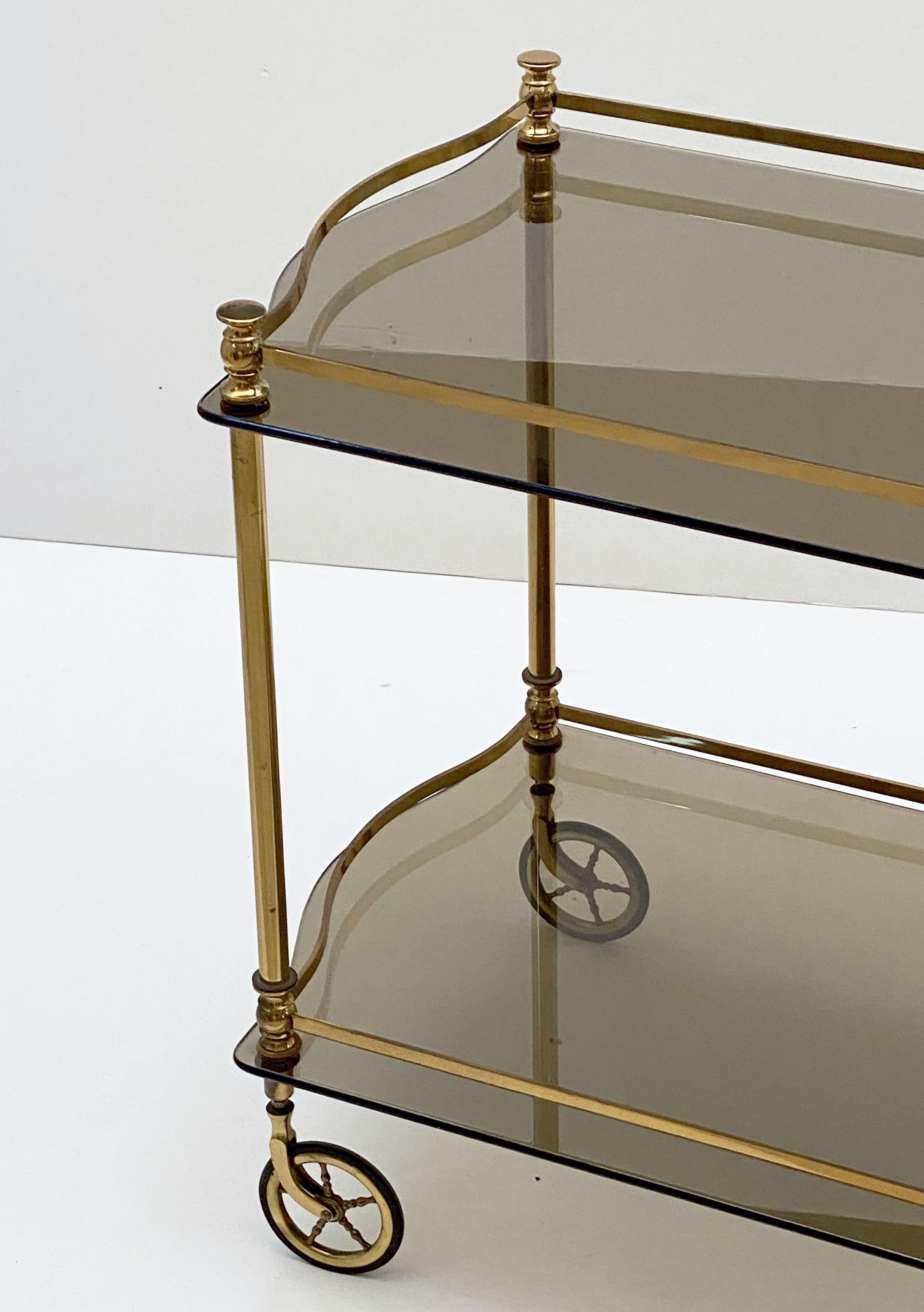 French Rolling Drinks Cart or Trolley of Brass and Smoked Glass 11