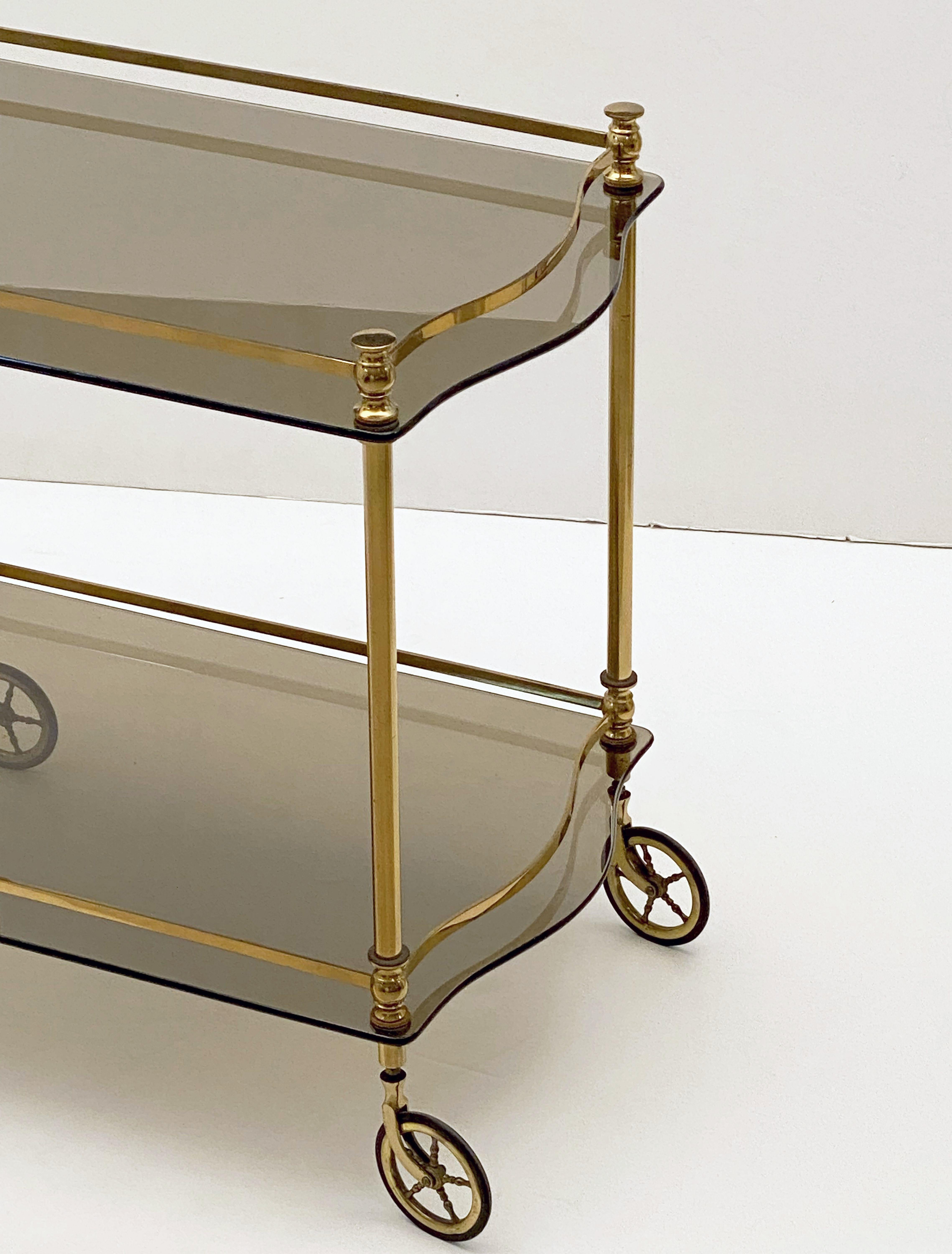 French Rolling Drinks Cart or Trolley of Brass and Smoked Glass 13
