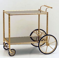 French Rolling Drinks Cart or Trolley of Brass and Smoked Glass