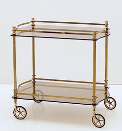 French Rolling Drinks Cart or Trolley of Brass and Smoked Glass