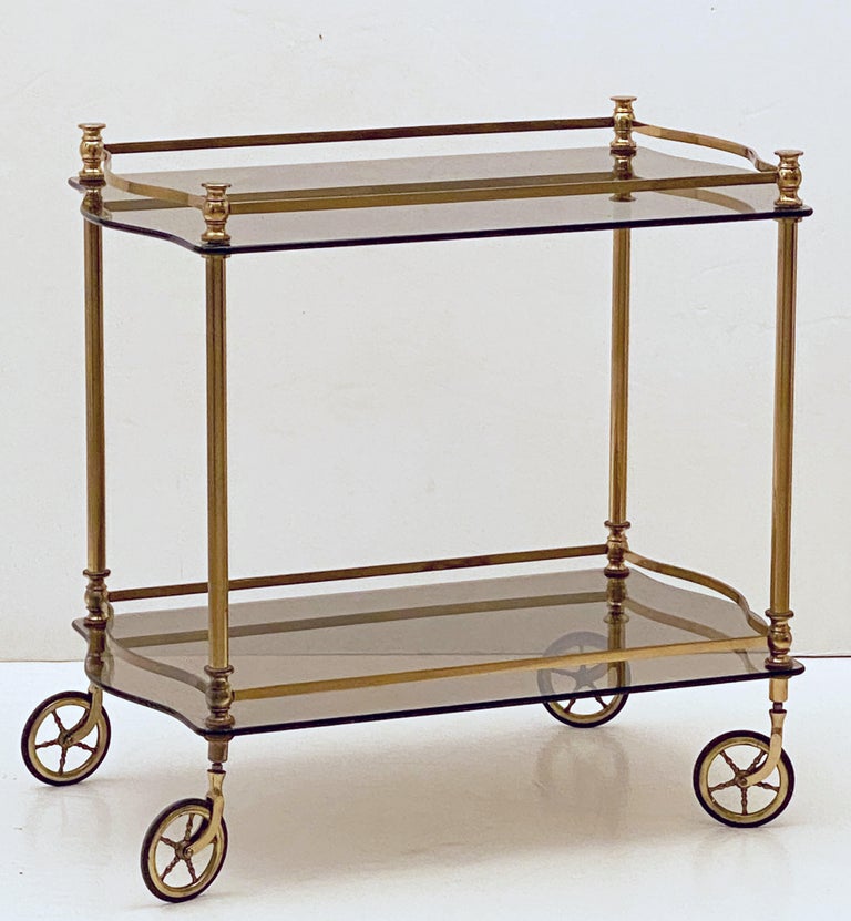 French Rolling Drinks Cart or Trolley of Brass and Smoked Glass at 1stDibs