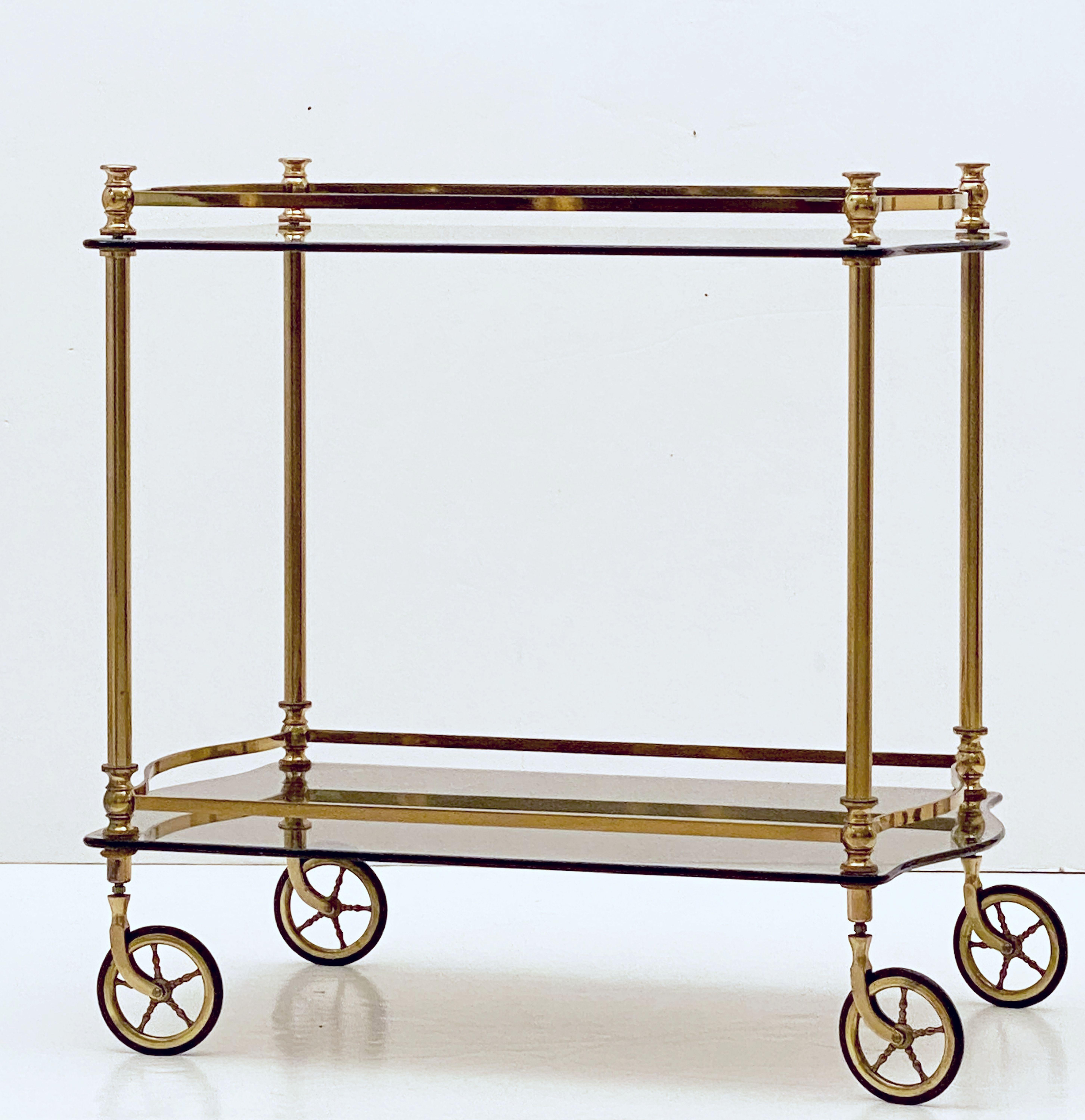 20th Century French Rolling Drinks Cart or Trolley of Brass and Smoked Glass