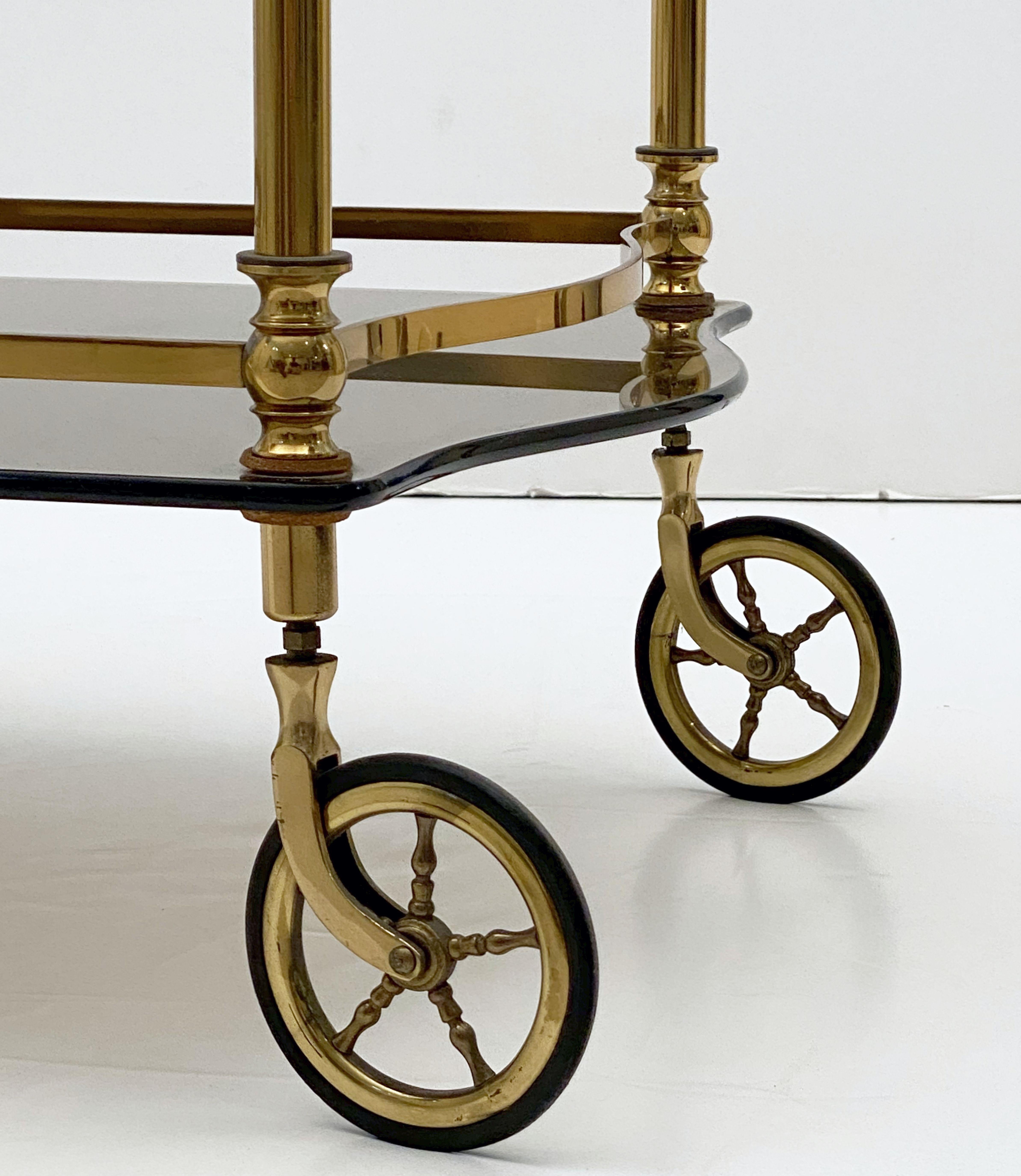 French Rolling Drinks Cart or Trolley of Brass and Smoked Glass 1