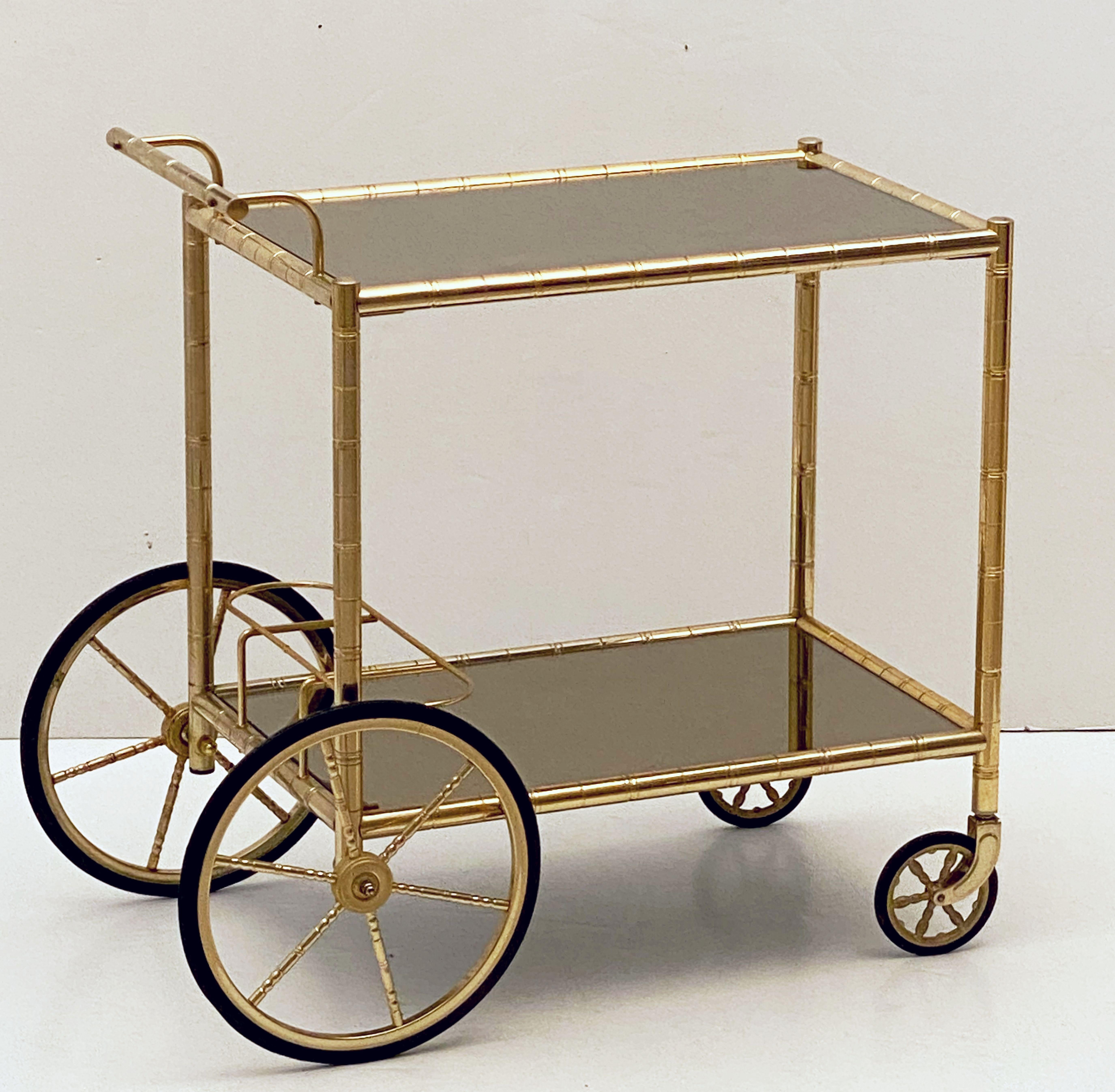 French Rolling Drinks Cart or Trolley of Brass and Smoked Glass 1