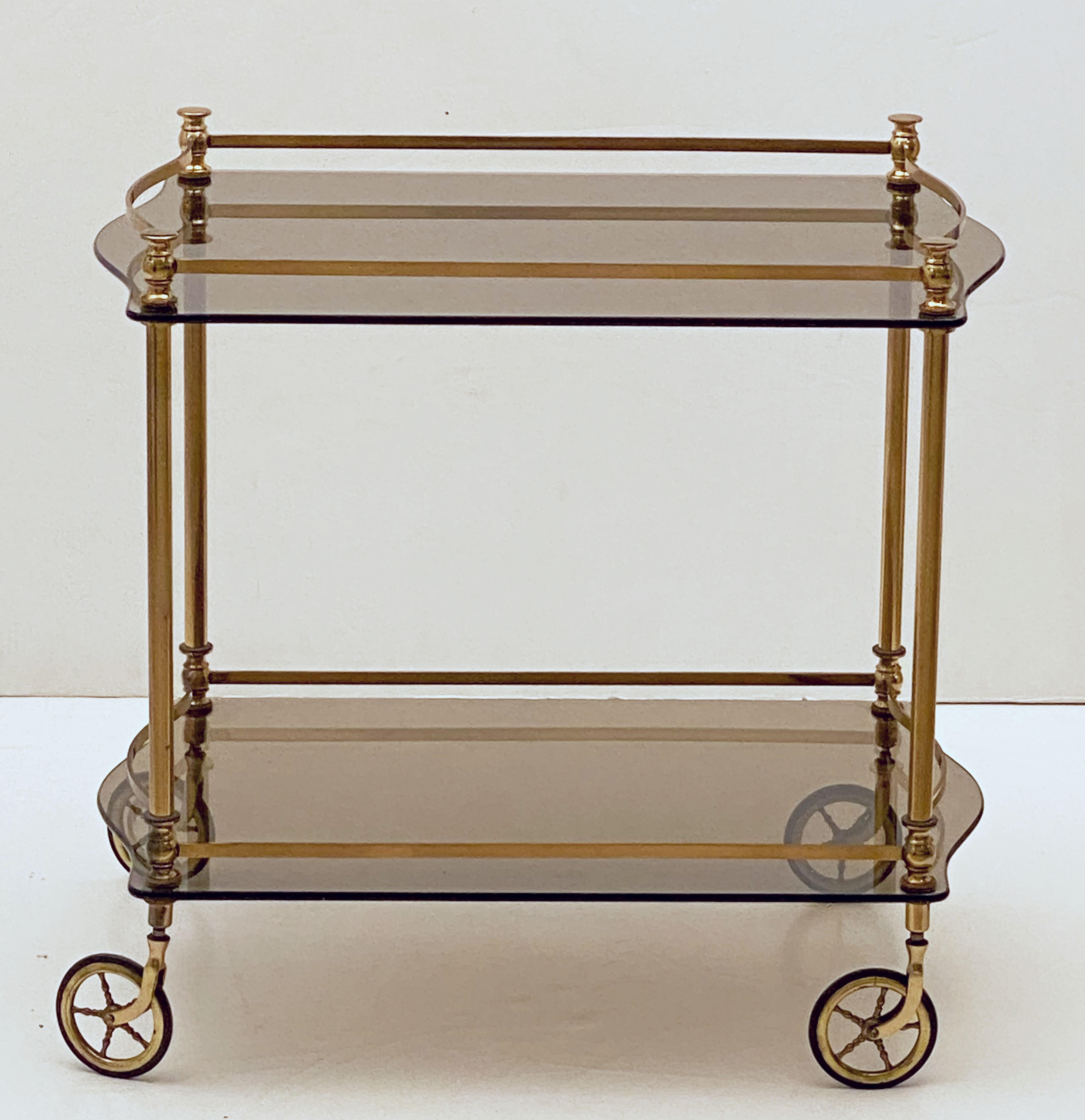 French Rolling Drinks Cart or Trolley of Brass and Smoked Glass 2