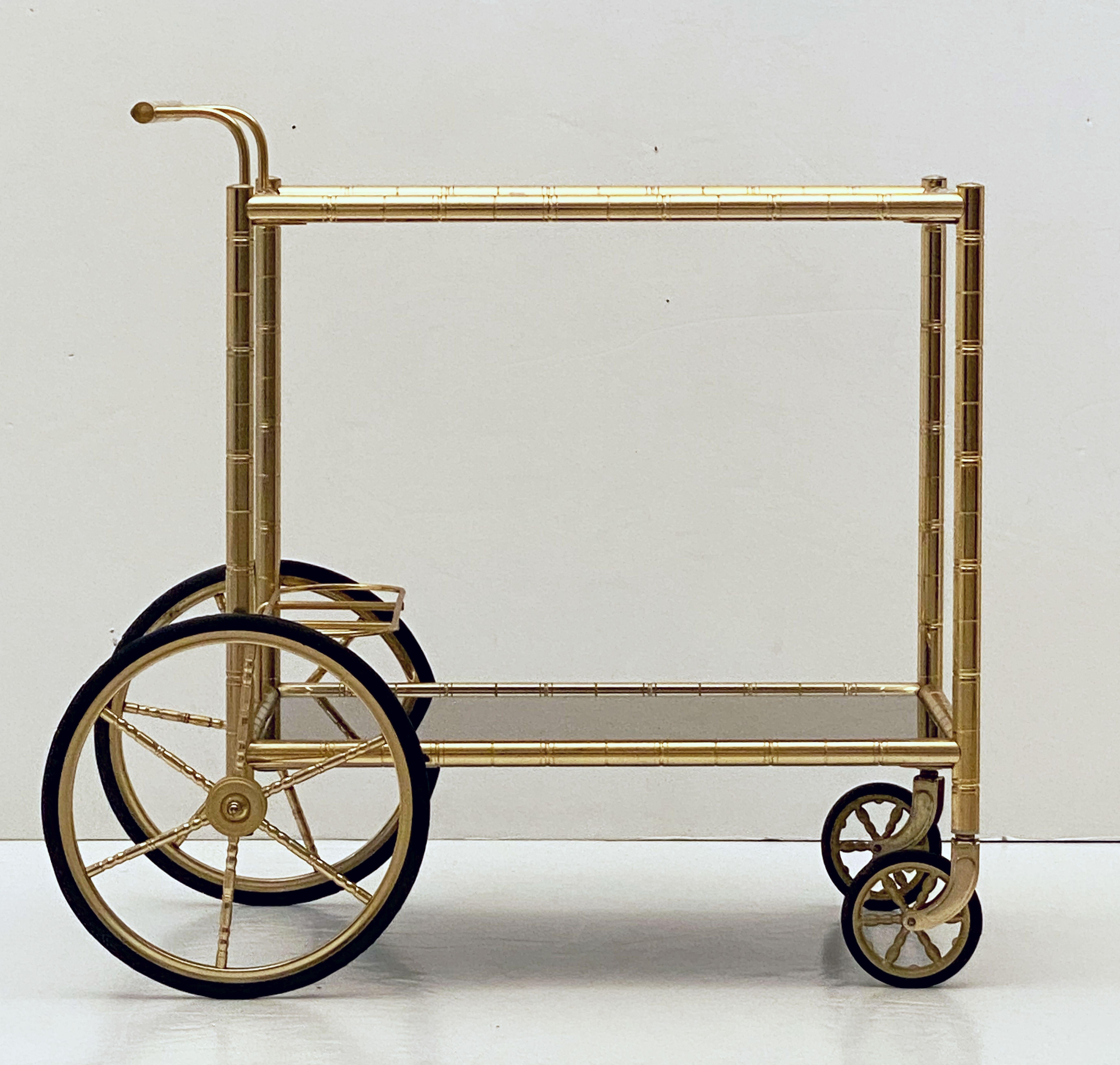 French Rolling Drinks Cart or Trolley of Brass and Smoked Glass 2