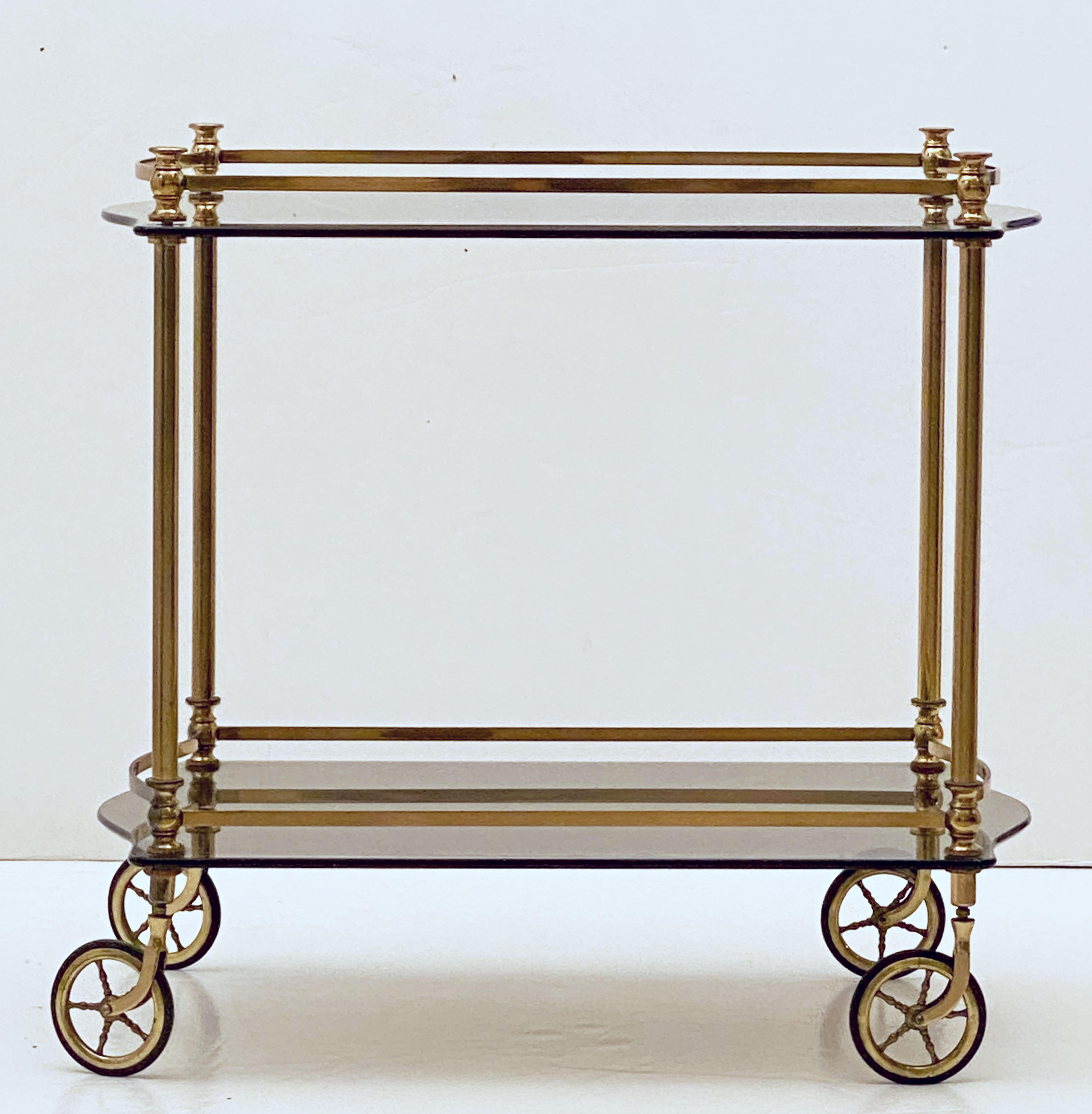 French Rolling Drinks Cart or Trolley of Brass and Smoked Glass 3