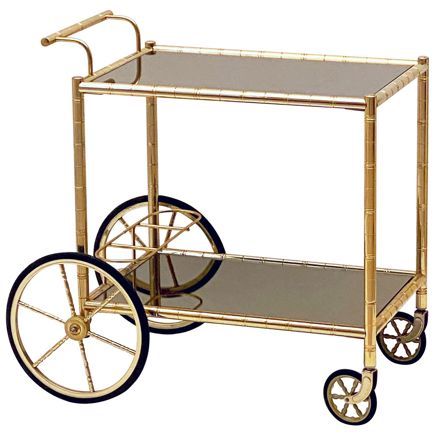 French Rolling Drinks Cart or Trolley of Brass and Smoked Glass