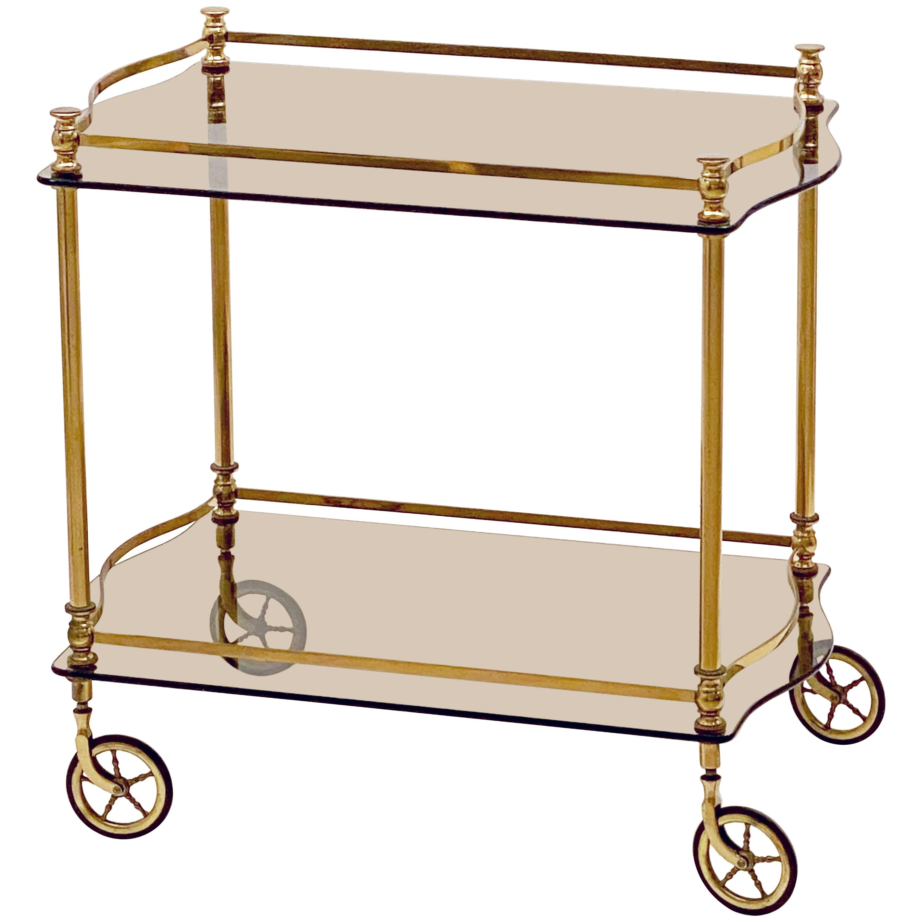 French Rolling Drinks Cart or Trolley of Brass and Smoked Glass