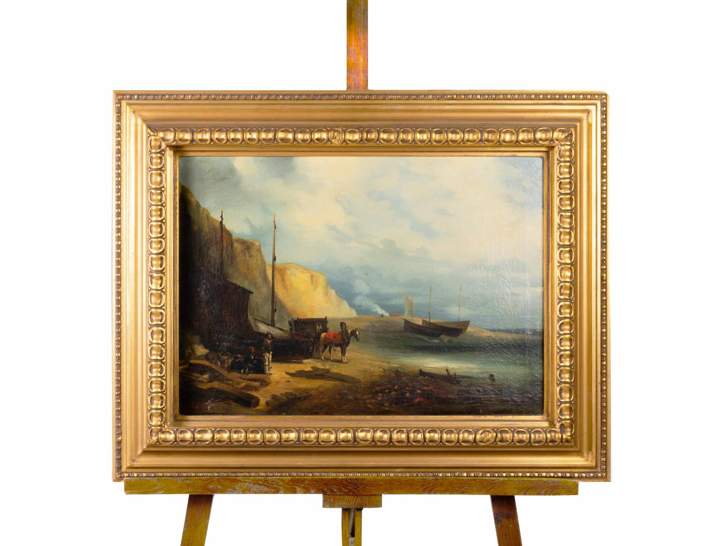 Cette peinture à l'huile romantique française du XIXe siècle capture une suite dramatique de naufrage, typique des scènes marines de la période romantique. 
La composition comprend un groupe de marins, un navire naufragé et trois navires en mer, le