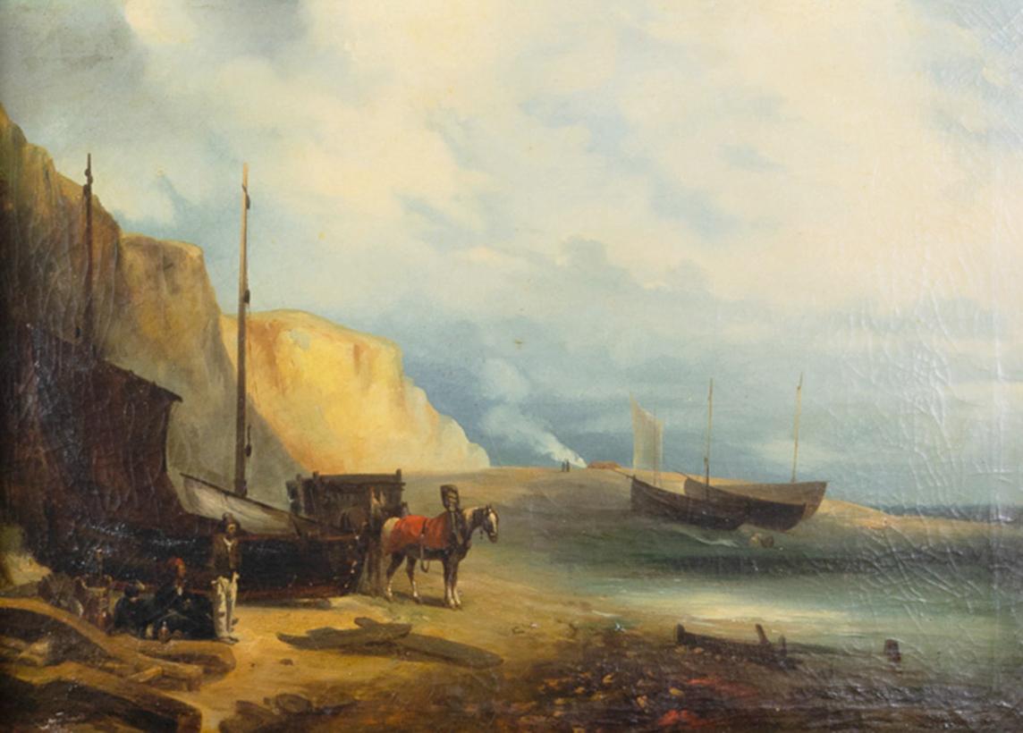 Französisches romantisches Marinegemälde, Schiffswrackszene, 19. Jahrhundert (Geölt) im Angebot