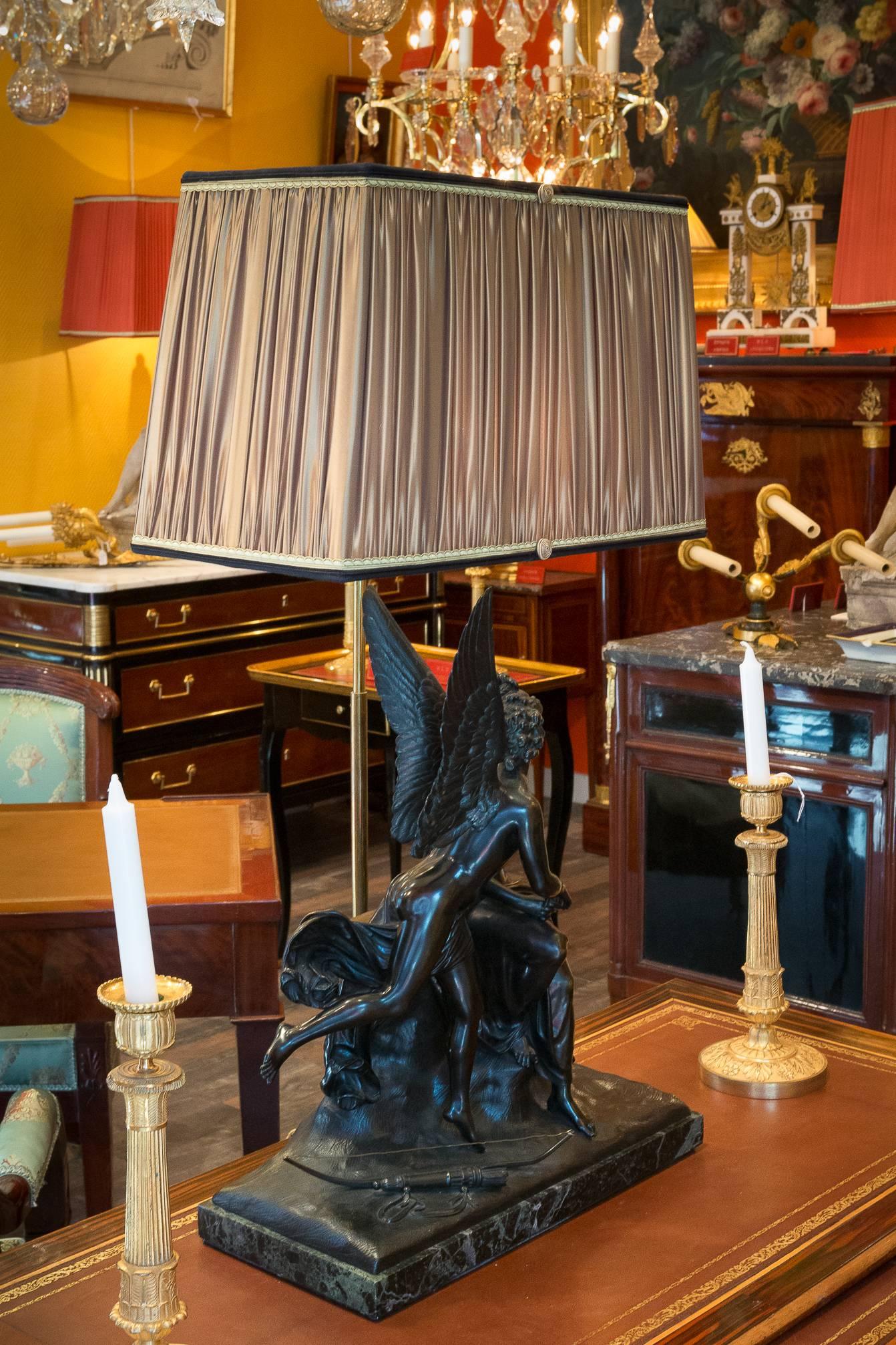 French Romantic Period, Patinated Bronze Sculpture Converted in Table Lamp In Good Condition For Sale In Saint Ouen, FR