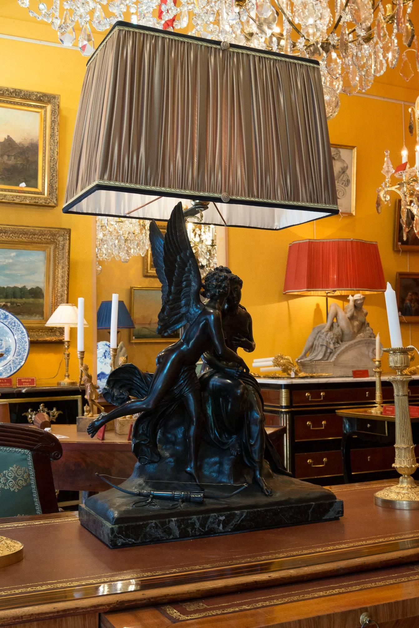 French Romantic Period, Patinated Bronze Sculpture Converted in Table Lamp For Sale 1