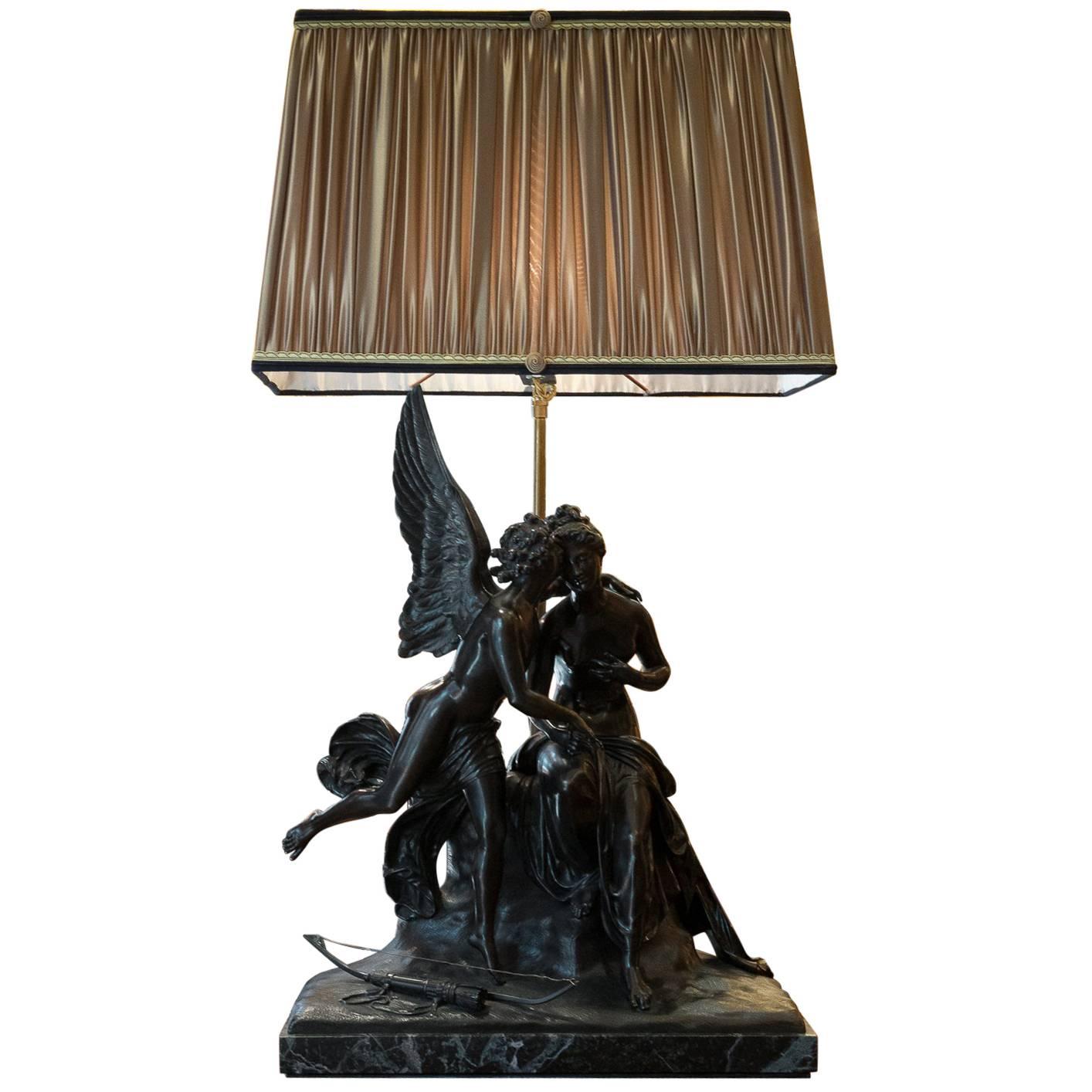 French Romantic Period, Patinated Bronze Sculpture Converted in Table Lamp For Sale