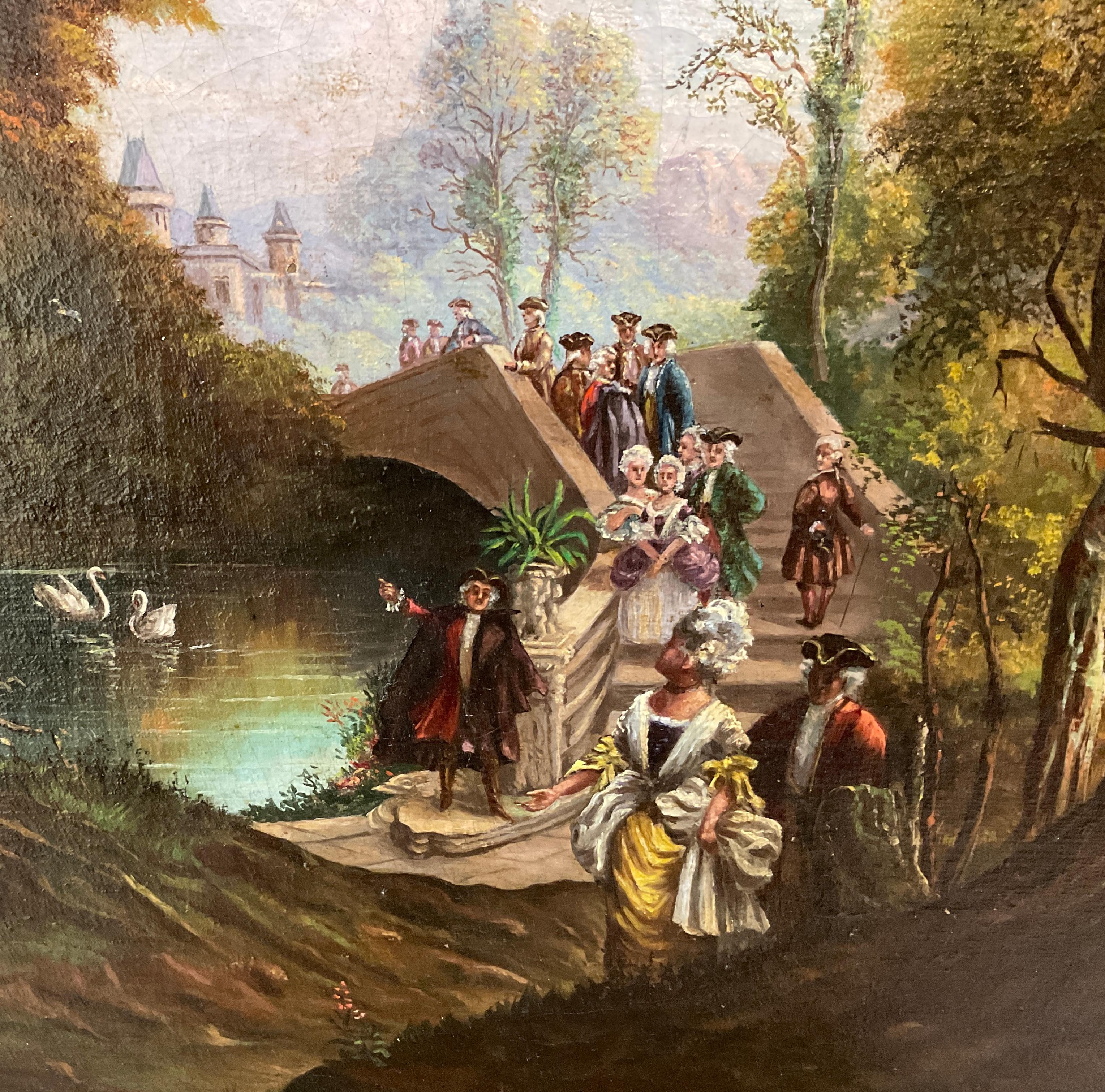 A Glimpse into French Romanticism: 19th-Century Oil Painting

This captivating oil on canvas painting captures the essence of the French Romantic movement in the late 19th century.  The scene depicts a charming genre scene, bustling with life and
