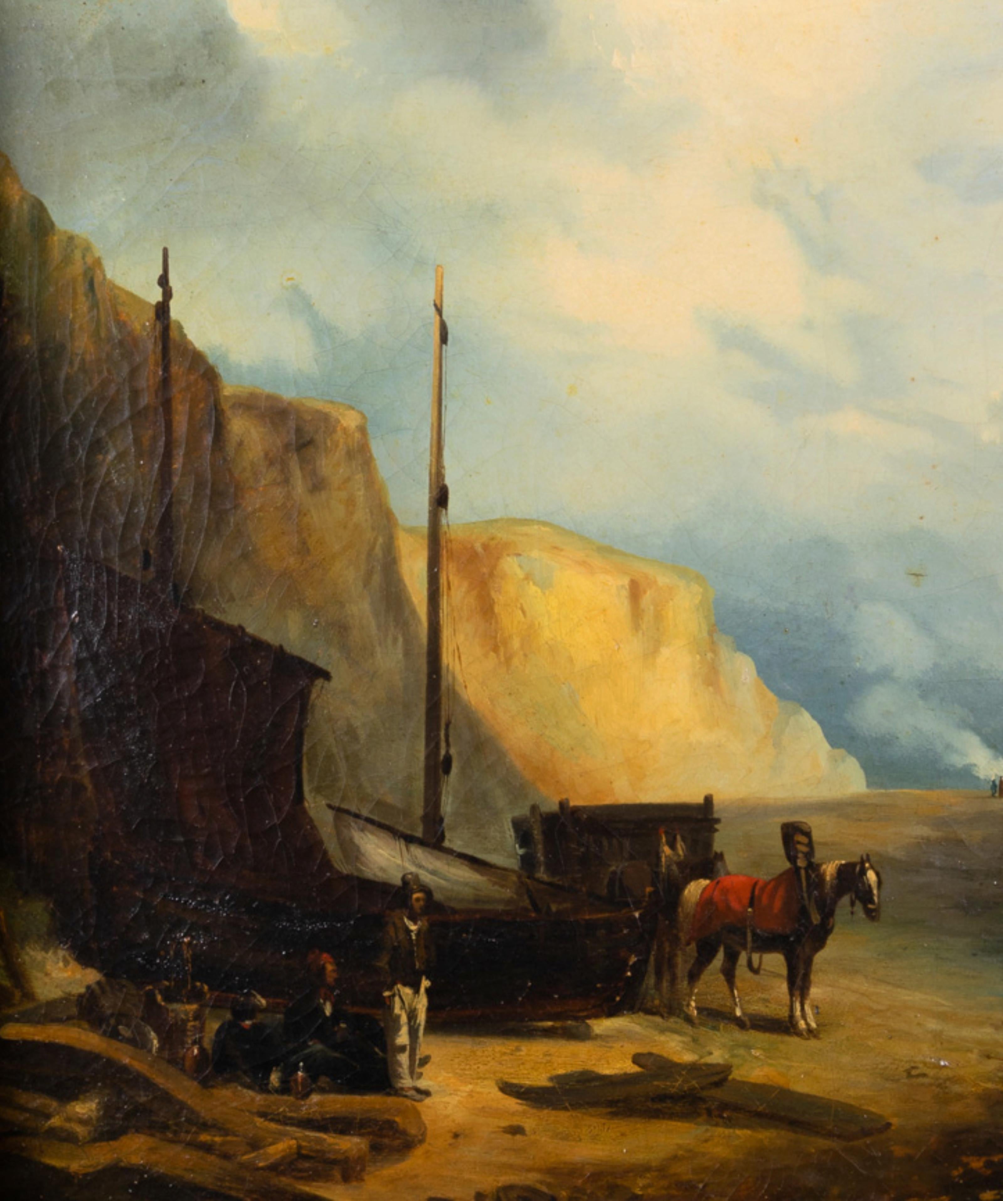 Im Bereich der Marinemalerei zeigt ein Gemälde aus der Romantik eine düstere und tragische Szene nach einer Schiffskatastrophe. Das im 19. Jahrhundert entstandene Gemälde zeigt eine Gruppe von Seeleuten und ein schiffbrüchiges Schiff, das von der