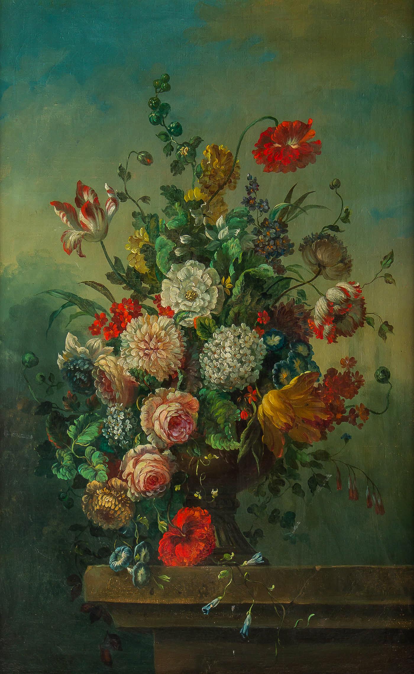 French Romantique School, Oil on Canvas Bouquets of Flowers on Stone-Ledge For Sale 5