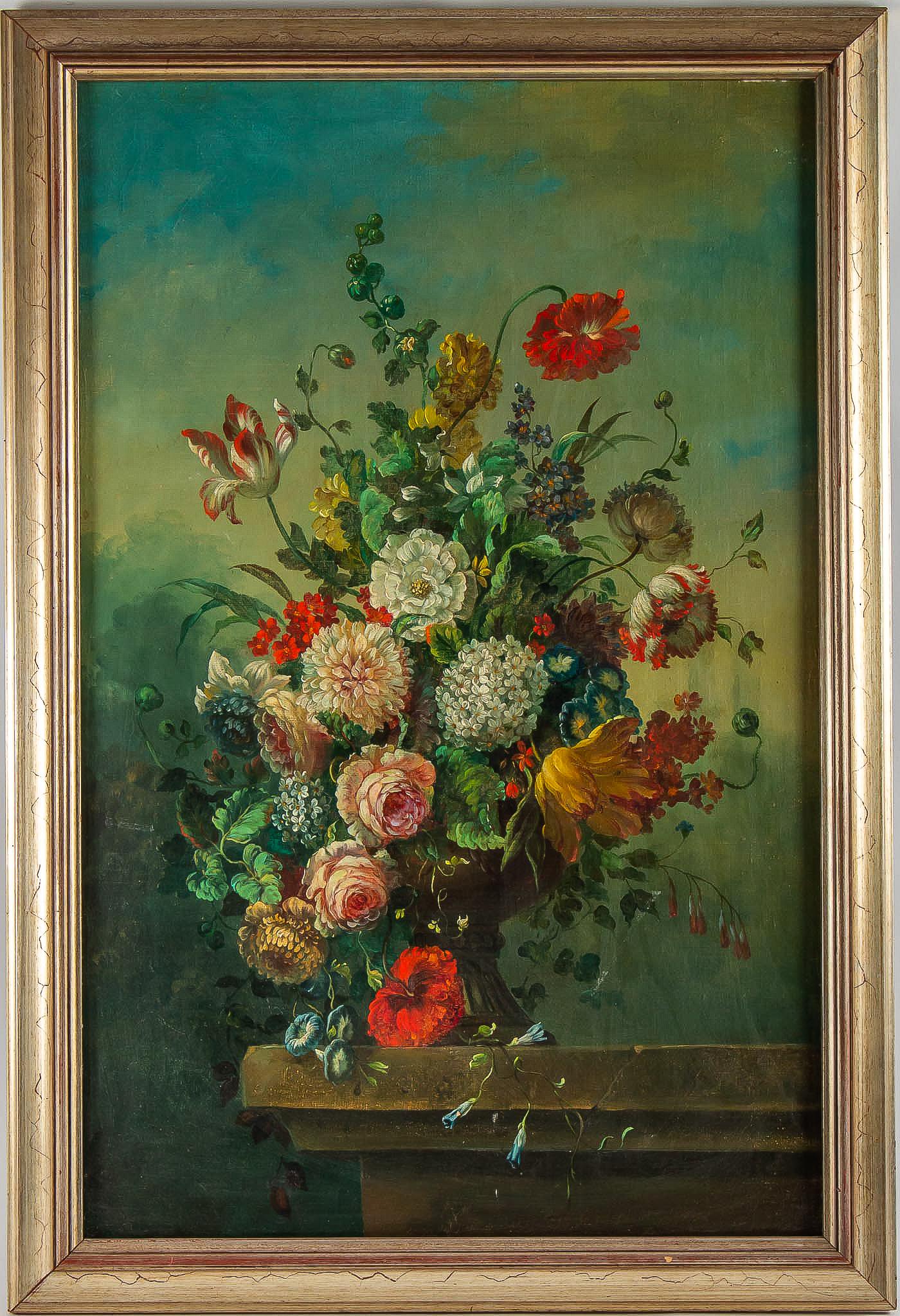 French Romantique school, oil on canvas bouquets of flowers on stone-ledge, circa 1830

An elegant and decorative oil on canvas mounted on wood, depicting a flower bouquets with tulips, roses and blue lilies resting on stone-ledge.

Early 19h