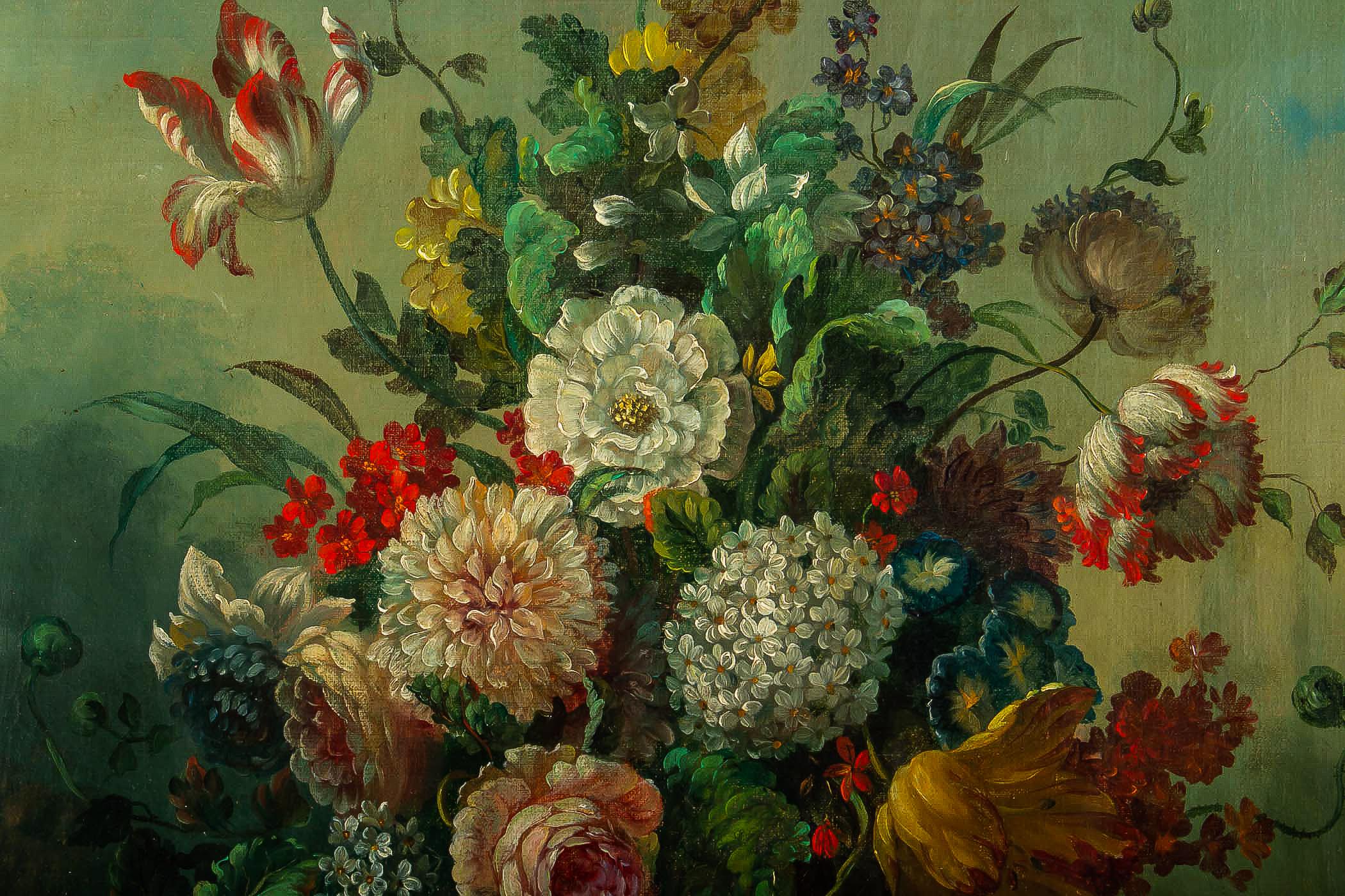 19th Century French Romantique School, Oil on Canvas Bouquets of Flowers on Stone-Ledge For Sale