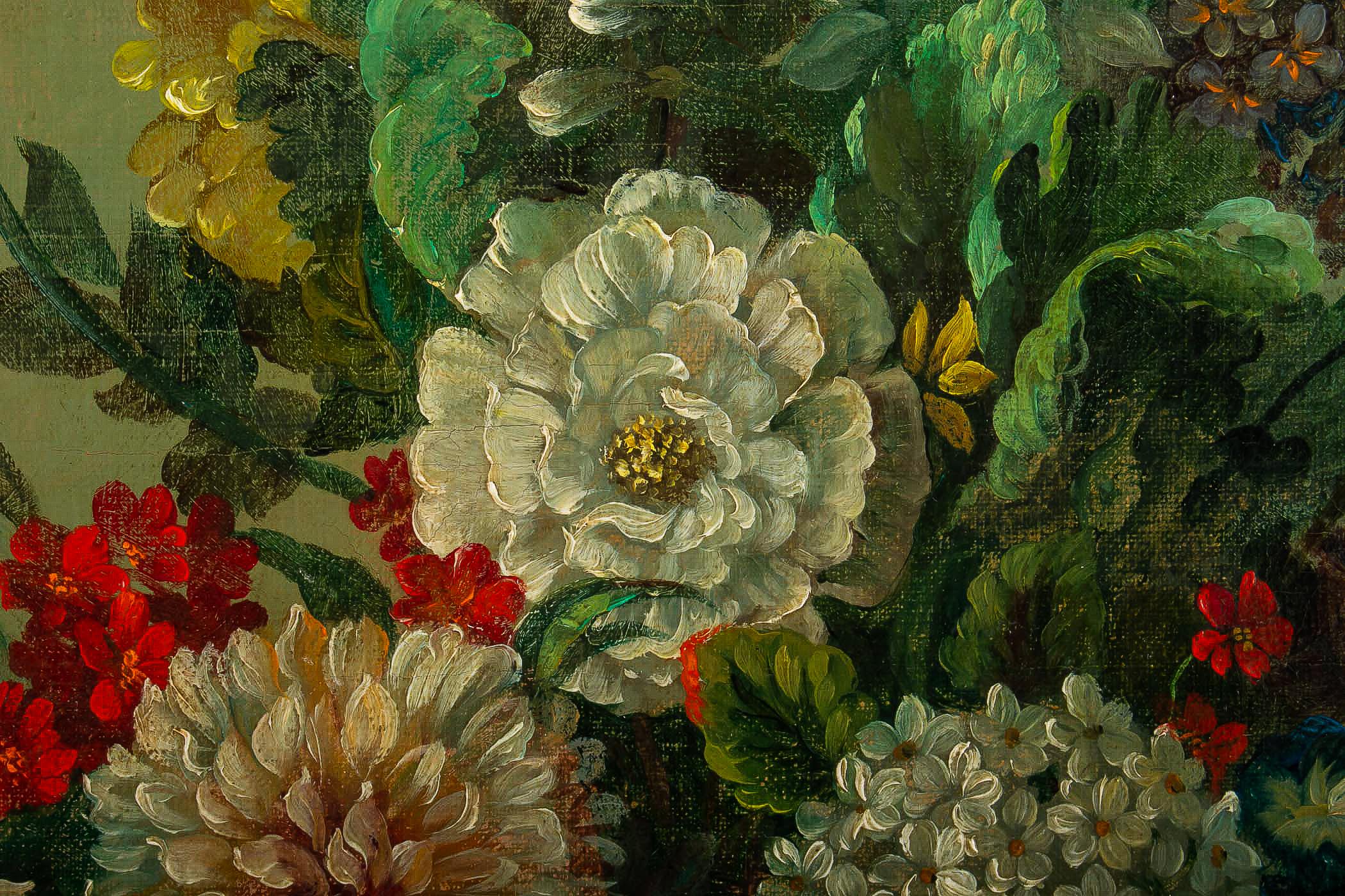 Paint French Romantique School, Oil on Canvas Bouquets of Flowers on Stone-Ledge For Sale