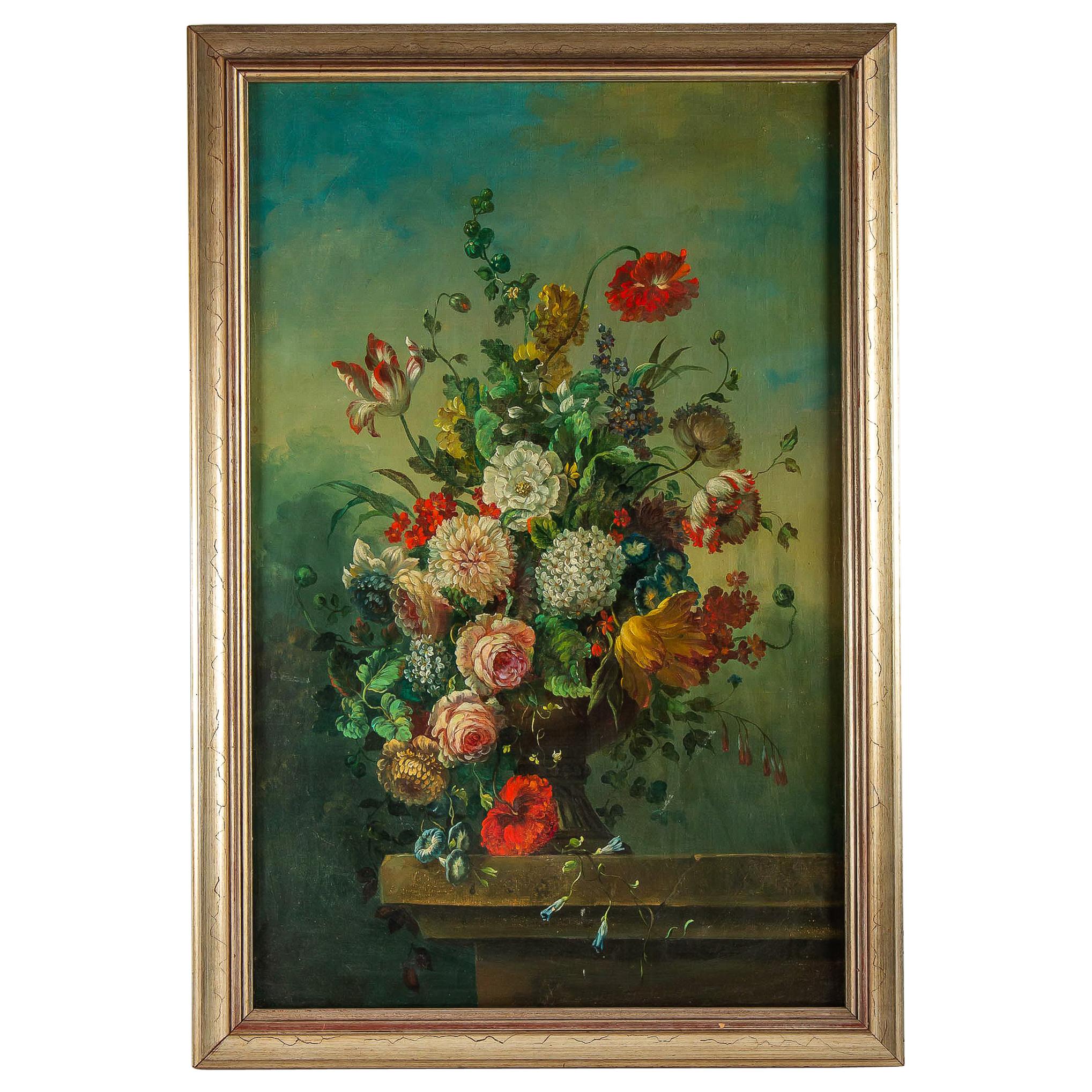 French Romantique School, Oil on Canvas Bouquets of Flowers on Stone-Ledge For Sale